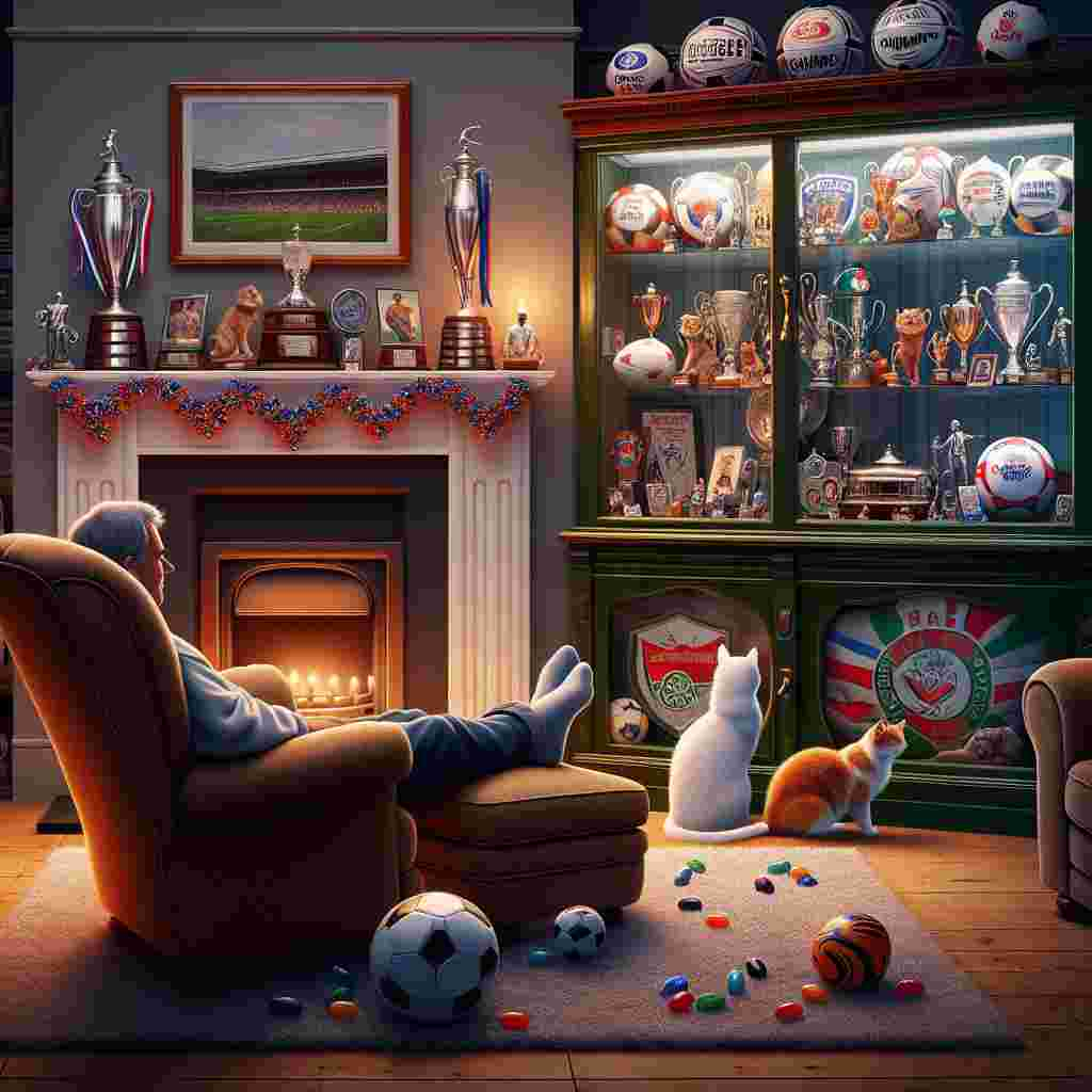 Depict a well-appointed den, where a polished glass cabinet showcases an extensive selection of memorabilia related to a popular football club, including endorsed footballs and small-scale trophies. The mantelpiece is decorated with a garland of glossy jelly beans, reflecting the room's cozy ambiance. Two cats, a white one and a ginger one, are comfortably nestled together on a plush rug, engaging in a playful interaction with a football toy. An isolated armchair, complete with a cushion reflecting the colours of the same football club, invites contemplative silence on the happiness of being a father.
Generated with these themes: Manchester united, football, jelly beans, white and ginger cats.
Made with ❤️ by AI.