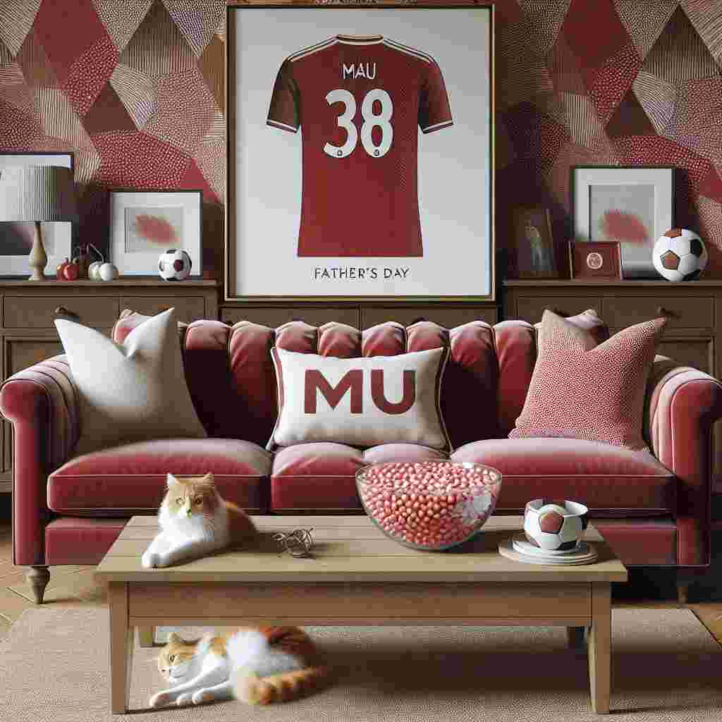 Create a charming Father's Day themed living room setting that showcases a plush crimson sofa adorned with cozy throw pillows with the monogram 'MU'. The coffee table is artfully arranged with a bowl of jelly beans shaped like soccer balls, adding a playful nod to the beloved sport. The wallpaper carries the subtle imprint of abstract geometric patterns resembling a soccer ball, amplifying the sports theme. A framed red and white jersey, intricate in detail but without any official team badges or logos, hangs proudly on the wall. A white and ginger cat lounges lazily on the armrest, completing the warm and inviting scene.
Generated with these themes: Manchester united, football, jelly beans, white and ginger cats.
Made with ❤️ by AI.