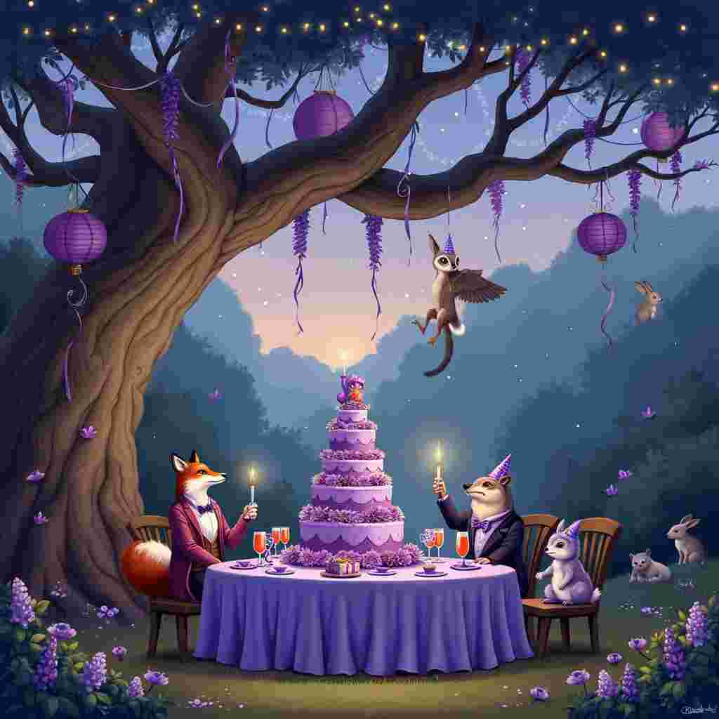 Picture a whimsical birthday celebration set in an enchanted forest clearing at twilight, drenched in hues of purple. The focal point is a giant, ancient oak tree with sprawling branches adorned with twinkling fairy lights that cast a gentle, magical glow. Suspended from the branches are various purple-themed decorations: deep violet paper lanterns, lavender-colored streamers, and plum-hued balloons.

Underneath the oak tree, a long, rustic wooden table is set for a fantastical feast. The table is draped with an elegant, amethyst tablecloth, with a centerpiece of wildflowers in various shades of purple – from soft lilac to rich indigo. At the center of the table, a towering, multi-tiered birthday cake sits in all its glory. The cake is a masterpiece, frosted with layers of ombre purple icing, adorned with intricate sugar flowers and a whimsical, glittery purple unicorn topper.

Around the table, an eclectic gathering of fantastical creatures are engaged in lively celebration. On one side, a dapper fox in a tailored, plum-colored waistcoat raises a glass of sparkling grape juice in a toast. Next to him, a family of rabbits, each sporting tiny lavender bow ties, eagerly eye the cake. Across the table, an owl with regal, deep violet plumage perches on a chair back, while a hedgehog, donning a purple party hat, busily unwraps a gift.

In the background, the forest comes alive with other woodland creatures joining the festivities. A pair of mischievous squirrels hang from the branches, stringing more purple ribbons, while a graceful doe and her fawn, bedecked with wisteria garlands, peek curiously from behind the trees.

To complete the scene, imagine a sky transitioning from dusk to night, painted in shades of lavender and deep purple. The first stars begin to twinkle, and a crescent moon casts a soft, silvery light over the entire celebration, making the purple hues even more enchanting.

This delightful birthday scene, with its blend of whimsical woodland creatures and a magical purple theme, is ready to be transformed into a charming and memorable birthday greetings card.
Generated with these themes: Purple.
Made with ❤️ by AI.