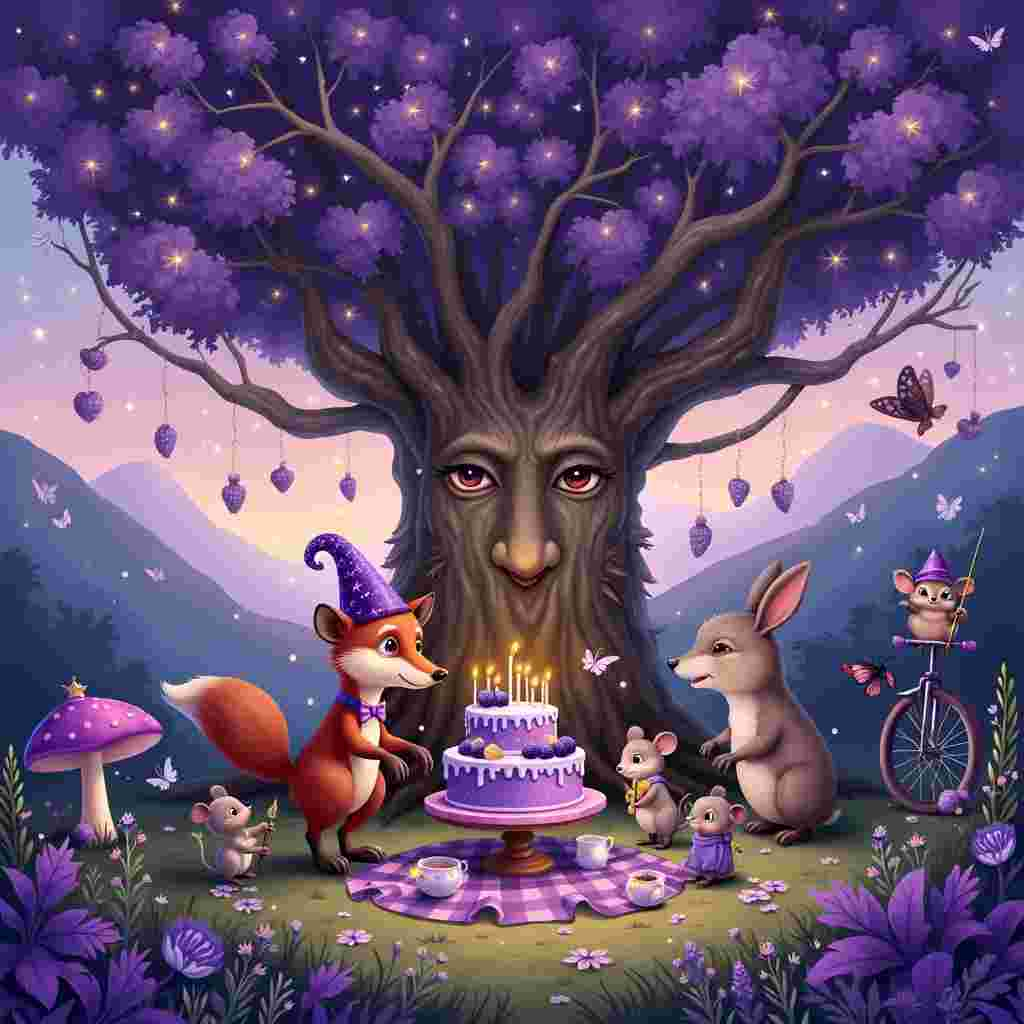 The scene unfolds in a whimsical, enchanted forest with an air of playful fantasy. In the center of the illustration is a large, ancient tree with a gnarled trunk, its bark textured with intricate patterns and faces that almost seem to wink at you. The tree's foliage is a riot of various shades of purple—from deep plum to lavender and lilac. Each leaf glimmers with a magical luminescence as if kissed by moonlight.

Around the base of the tree, there's a gathering of quirky forest creatures celebrating a birthday party. A mischievous fox, wearing a jaunty purple party hat adorned with silver stars, is carrying a cake. The cake is layered and dripping with purple icing, topped with sparkling candles that light up the scene. Nearby, a hedgehog, also in a tiny purple hat, is balancing on a unicycle, juggling plump, juicy blackberries.

To the left, a wise old owl, with purple-tinted feathers around its eyes, is perched on a low-hanging branch, holding a scroll that reads "Happy Birthday" in elegant, swirling script. Below, a family of mice is setting up a tea party on a checked picnic blanket in shades of violet. They have tiny porcelain cups and saucers, filled with what looks like a steaming, fragrant herbal brew.

Above the scene, strings of purple fairy lights are strung between the branches, casting a soft, magical glow over everything. Butterflies with wings of translucent purple flit about, adding movement and a touch of ethereal beauty to the scene. 

To the right, a large toadstool with a purple cap serves as a stage where a rabbit in a purple bow tie is playing a tiny violin, serenading the forest with a whimsical tune. Surrounding the entire scene are various wildflowers and plants, all in various shades of purple, giving the forest floor a lush, vibrant tapestry of color.

The background features rolling hills in soft twilight hues, with a star-studded sky just beginning to reveal itself, adding depth and a dreamy atmosphere to this enchanting birthday celebration.
Generated with these themes: Purple.
Made with ❤️ by AI.