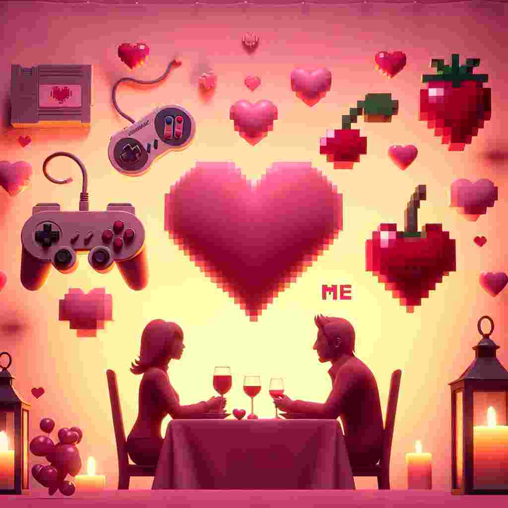 Imagine a whimsical Valentine's Day scene that captures the abstract concept of love with playful symbols related to classic non-branded video games. Think of controllers shaped like hearts, pixelated fruit items tonally similar to cherries, set against a soft pink backdrop. The environment suggests a cozy, romantic dinner for two, silhouetted in the background, with innuendos hinting at tender and intimate moments between the couple. An unspecified 'Me' character is subtly included in this affectionate setting, adding a unique, personal touch to the scene.
Generated with these themes: Video games , Food, Blow jobs , and Me.
Made with ❤️ by AI.