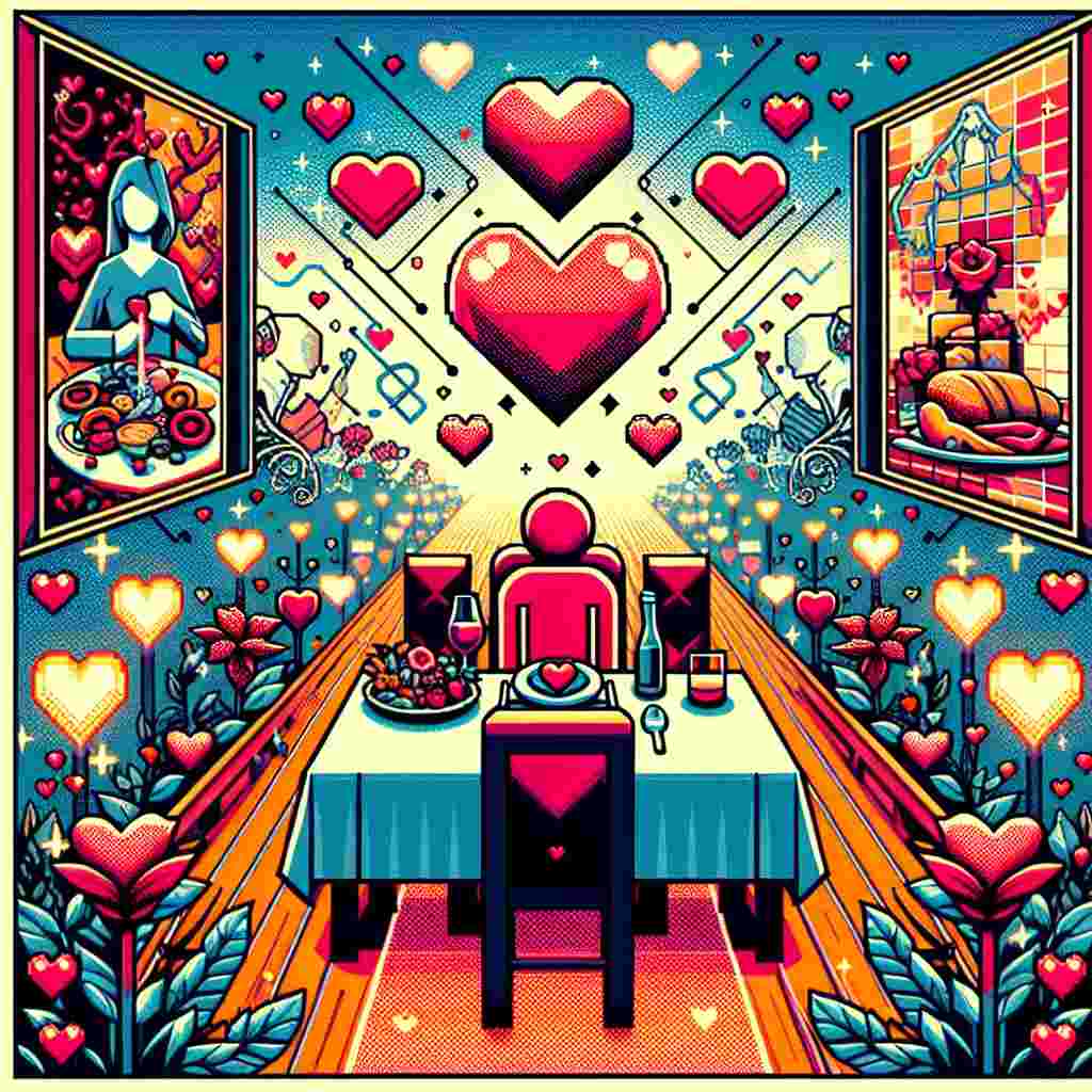 Visualize an uncommon, abstract celebration of love. This scene combines video game elements with symbols of a romantic dinner - a table set with plates adorned with hearts, and a delicious array of food on display. The background hosts abstract representations of intimate joys, all of which are centered around a generic figure labelled as 'Me', posing as the adoring orchestrator of this Valentine's Day scenery.
Generated with these themes: Video games , Food, Blow jobs , and Me.
Made with ❤️ by AI.
