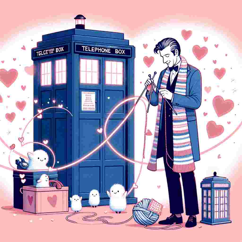 An illustration that captures a charming Valentine's Day theme is set against a soft pink background. A Caucasian doctor in a classic suit stands in front of a retro-futuristic blue telephone box, which is festively adorned with strings of heart-shaped lights. The doctor is engaged in knitting a long, striped scarf, hinting a nod towards the vintage era of the series. Floating abstract symbols representing love, shaped like unique hearts, along with miniature, adorable white fluffy creatures holding valentine cards, add an endearing touch to the scene. These elements blend familiar symbols from a celebrated sci-fi series with the romantic spirit of the holiday.
Generated with these themes: Doctor who, knitting .
Made with ❤️ by AI.