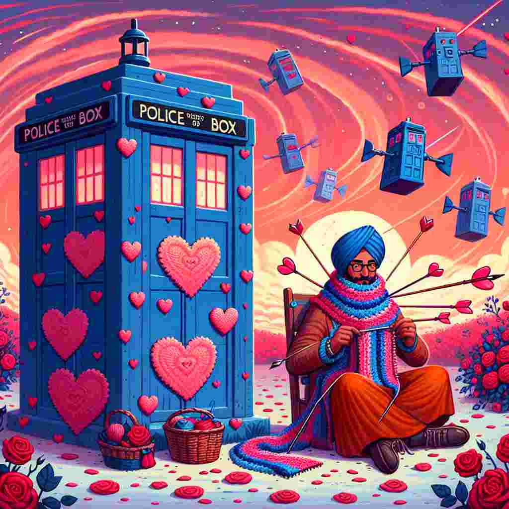 Depict a charming Valentine's Day themed scene with a flavor of science fiction. At the center, there's a blue, vintage police box adorned with hearts. A person, of South Asian descent and male, is seated next to it, engrossed in knitting a multicolored scarf -- a nod to a whimsical, long-scarved character from classic TV science fiction. The ground is sprinkled with roses, and the sky swirls with hues of pink and red, as robot-like entities hover, whimsically shooting arrows of love.
Generated with these themes: Doctor who, knitting .
Made with ❤️ by AI.