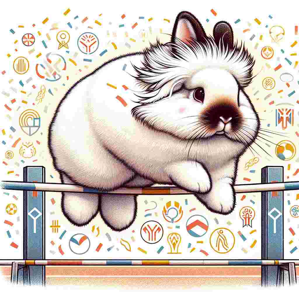 A joyous illustration featuring a fluffy White Himalayan rabbit with its distinct black nose. The rabbit is caught mid-leap, skillfully jumping over a high bar, evoking images of an athlete at the peak of their performance. The background is filled with symbols akin to those used in international sporting events, signalling the importance of the feat. Showering around the successful rabbit is confetti, enhancing the celebratory ambience of the entire scene.
Generated with these themes: White Himalayan rabbit with black nose, Doing high jump, and Olympic games.
Made with ❤️ by AI.