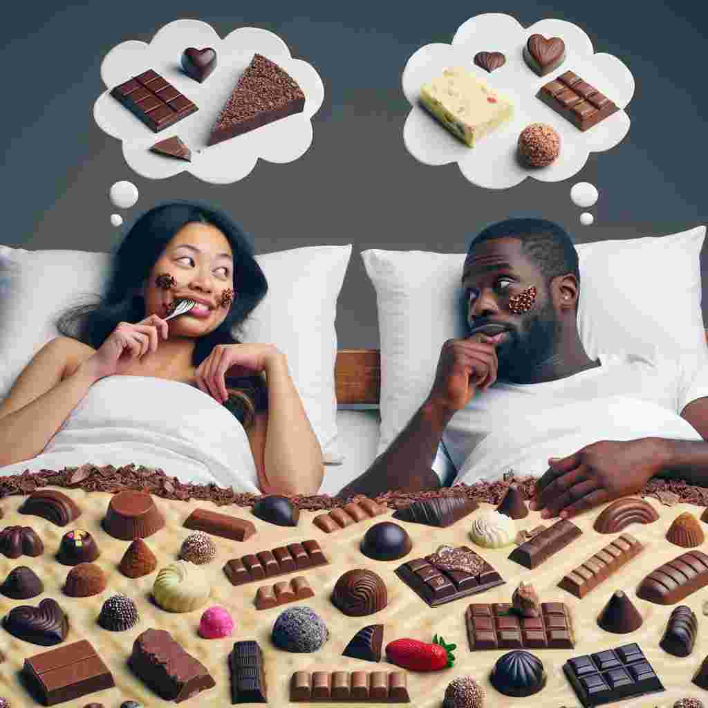 Create an amusing picture centered around Valentine's Day that involves a bed crafted entirely from chocolate. A sleepy, South Asian woman and Black man lie on the bed partaking in a playful discussion. Both have smears of chocolate on their cheeks, creating a fun and relaxed atmosphere. Above their heads, dream bubbles manifest, each filled with an assortment of various chocolates, giving a humorous touch to the scene.
Generated with these themes: Chocolate, sleep, talking.
Made with ❤️ by AI.