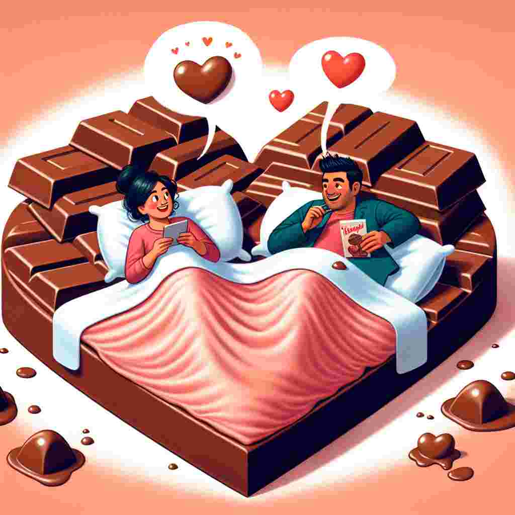 Create a humorous illustration for Valentine's Day, displaying a South Asian male and a Hispanic female couple lounging in a large, heart-shaped bed made of chocolate bars. The bed sheets should appear like draped, melted chocolate. They should be in the midst of a lively conversation, with speech bubbles filled with hearts around them, signifying their affectionate interaction. Despite being deep in conversation, they appear half-asleep reflecting the comfort provided by their sweet, unconventional bed.
Generated with these themes: Chocolate, sleep, talking.
Made with ❤️ by AI.