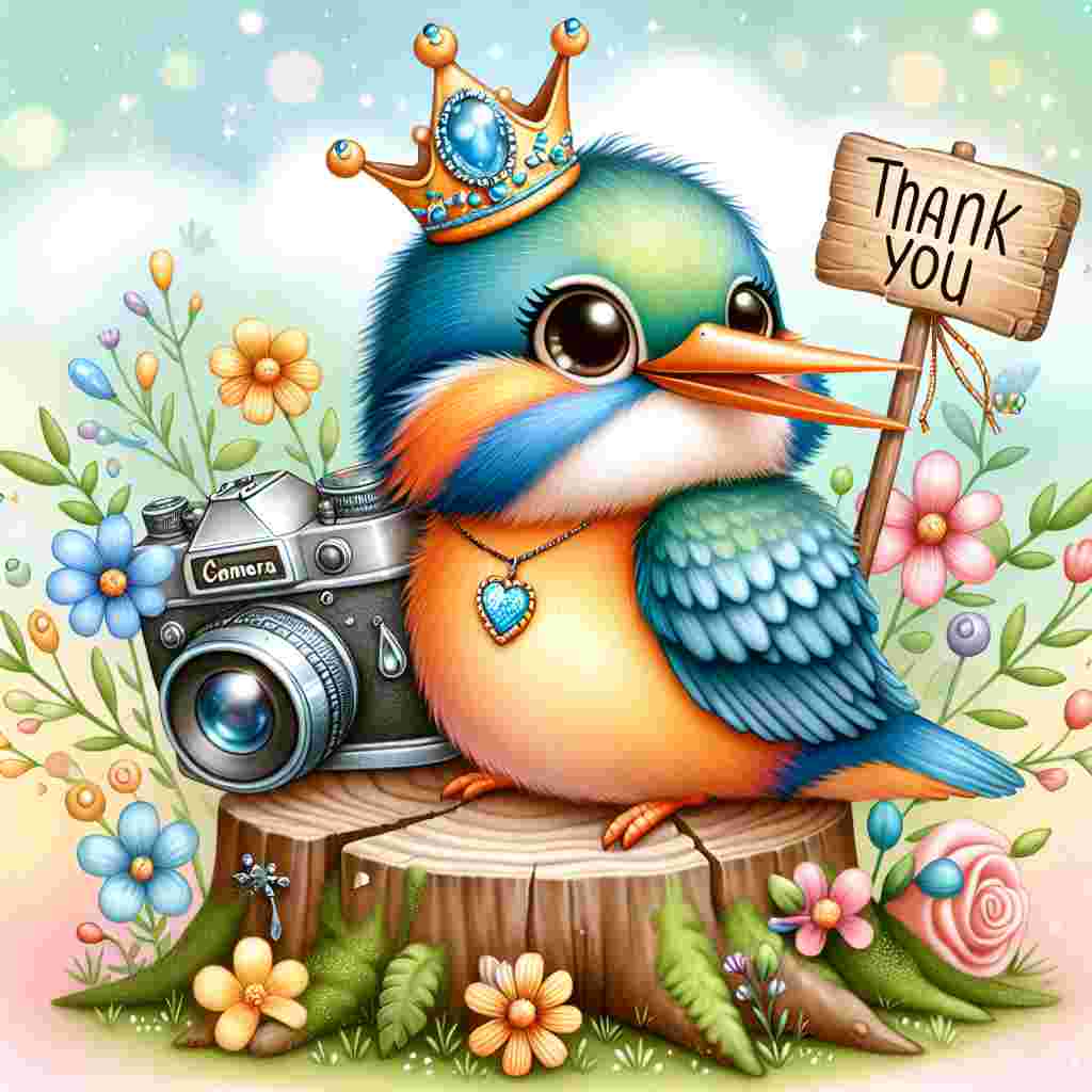 Create a whimsical image of a plump and cheerful cartoon kingfisher adorned with a sparkling crown, indicating its title as the 'Camera Kingfisher.' The bird sports vibrant blue and orange feathers and an old-fashioned camera dangles from its neck, ready to capture memories. The kingfisher is positioned on a green, vegetated stump surrounded by a variety of vibrant flowers. In one of its wings, the bird carries a sign featuring the words 'Thank You' in playful, bold letters. The background is soft and pastel-colored, lightly sprinkled with brightness, emanating a warm, soothing atmosphere.
Generated with these themes: Camera kingfisher .
Made with ❤️ by AI.