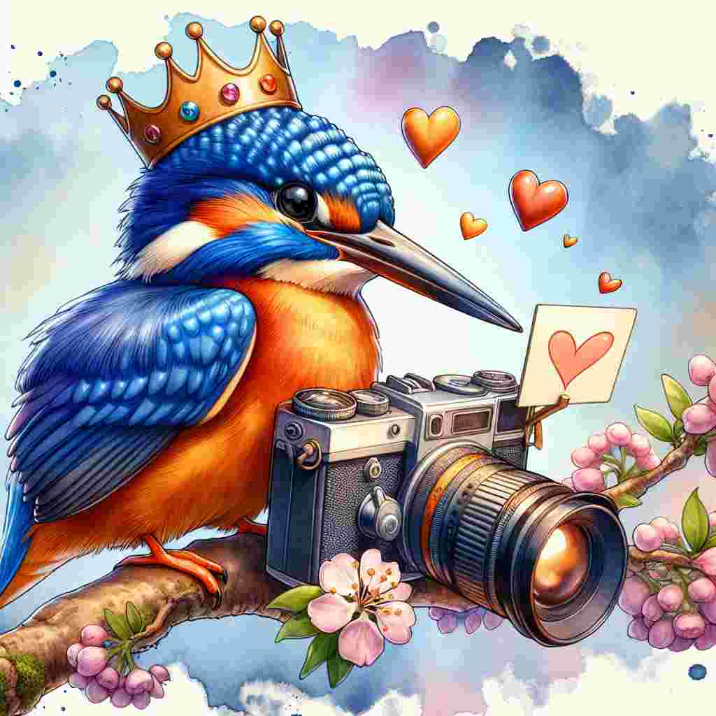 Imagine an endearing cartoon scene with a camera-toting, royal blue and bright orange kingfisher seated majestically atop a blossoming branch. Its crown, a symbol of its authority as the 'Camera Kingfisher,' enhances the vivid colors of its feathers. In its wings, it holds a petite heart-shaped sign that softly communicates the word 'Thanks.' The bird looks through its camera's viewfinder, preparing to freeze a moment of joy in time. The tranquil watercolor background shelters a collection of floating heart-shaped balloons, contributing to the uplifting atmosphere while signifying gratitude and the beauty of seizing the moment.
Generated with these themes: Camera kingfisher .
Made with ❤️ by AI.