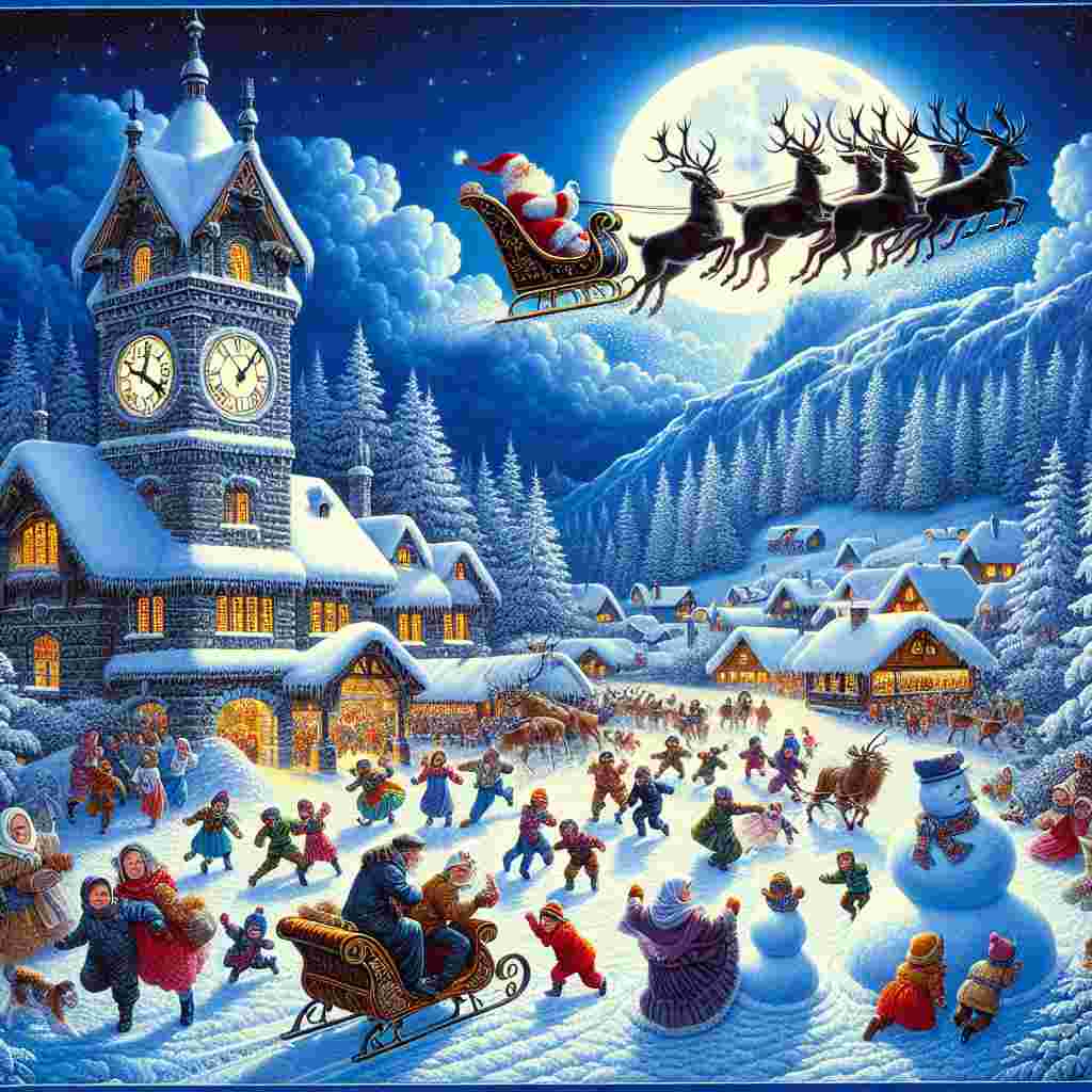Visualize a quaint snow-covered scene nestled in a nighttime landscape. Perched atop a glistening white hill is a glossy black cat captivated by a monumental clock on the brink of chiming twelve o'clock. Overhead, the luster of a full moon nicely illuminates a noble stag eyeing the figures participating in the joyous spectacle below. Soaring high in the moonlit sky, a figure popular in folklore travels on a speeding sleigh guided by his steadfast mammals with antlers. At the foot of the hill, a group of exuberant children, a mix of both boys and girls of all descents such as Caucasian, Hispanic, Black, Middle-Eastern, and South Asian, are engaged in the winter activities of crafting snowmen and launching snowballs at each other. Their heartwarming laughter echoes against the cool, crisp evening air.
Generated with these themes: Black cat, Snow, Clock, Stag, Moon, Sleigh, Children, and Santa.
Made with ❤️ by AI.