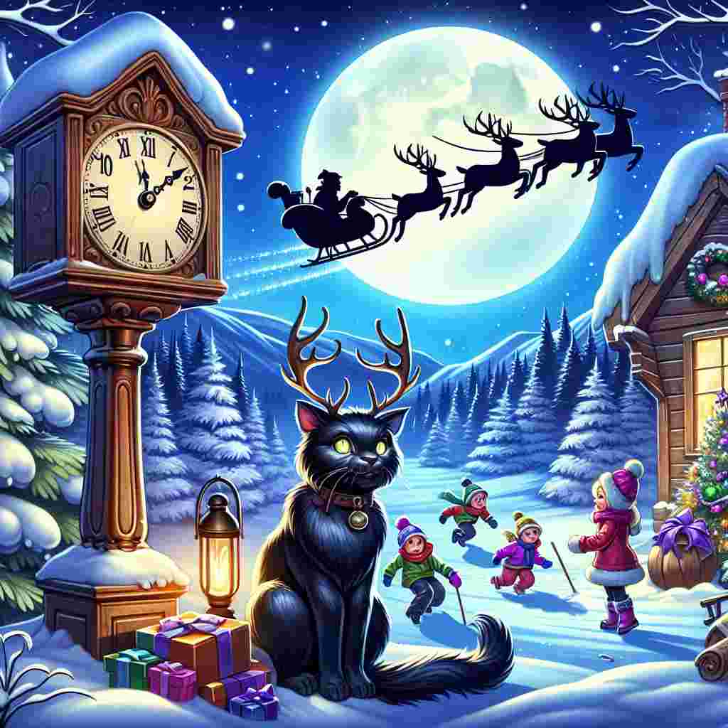 Create a festive cartoon that shows a snowy landscape. In the scene, a black cat with glowing eyes sits next to an old-fashioned clock, its hands pointing to just before midnight on New Year's Eve. Closeby, a majestic stag watches children dressed in vibrant winter clothes play in the snow under the light of the bright moon. In the sky, a silhouetted sleigh streaks across the face of the moon, pulled by reindeer, adding a magical aspect to the captivating New Year's Eve scene.
Generated with these themes: Black cat, Snow, Clock, Stag, Moon, Sleigh, Children, and Santa.
Made with ❤️ by AI.