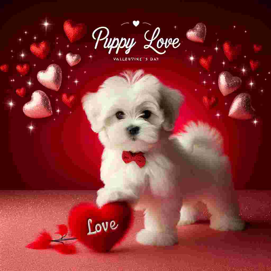 Create a picture for Valentine's Day featuring a cute, playful Maltichon puppy, white in color, standing against a vibrant red background that is adorned with sparkling hearts. The puppy's pose should be engaging, with one paw touching a plush heart that reads 'Love.' This adorable mise-en-scene reflecting celebration and joyous spirit of the holiday. The phrase 'Puppy Love' in a whimsical, fancy font should be displayed above the scene, completing the charming design.
Generated with these themes: White Maltichon .
Made with ❤️ by AI.