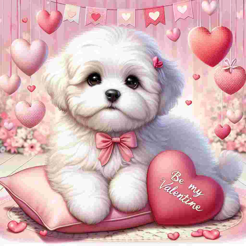 Create a romantic scene celebrating Valentine's day hosting an adorable fluffy White Maltichon puppy as the centerpiece. The puppy lounges in an environment awash with soft shades of pink, surrounded by delicate heart iconographies floating effortlessly. Its large, affectionate eyes are irresistibly mesmerizing, and it's decorated with a petite red bow that matches a heart-shaped pillow it fondly holds close. Hanging overhead, a banner marked 'Be My Valentine' sways gently, crafted in a fairy-tale cursive script, thereby accentuating the overall affectionate and emotional tone of this illustration.
Generated with these themes: White Maltichon .
Made with ❤️ by AI.