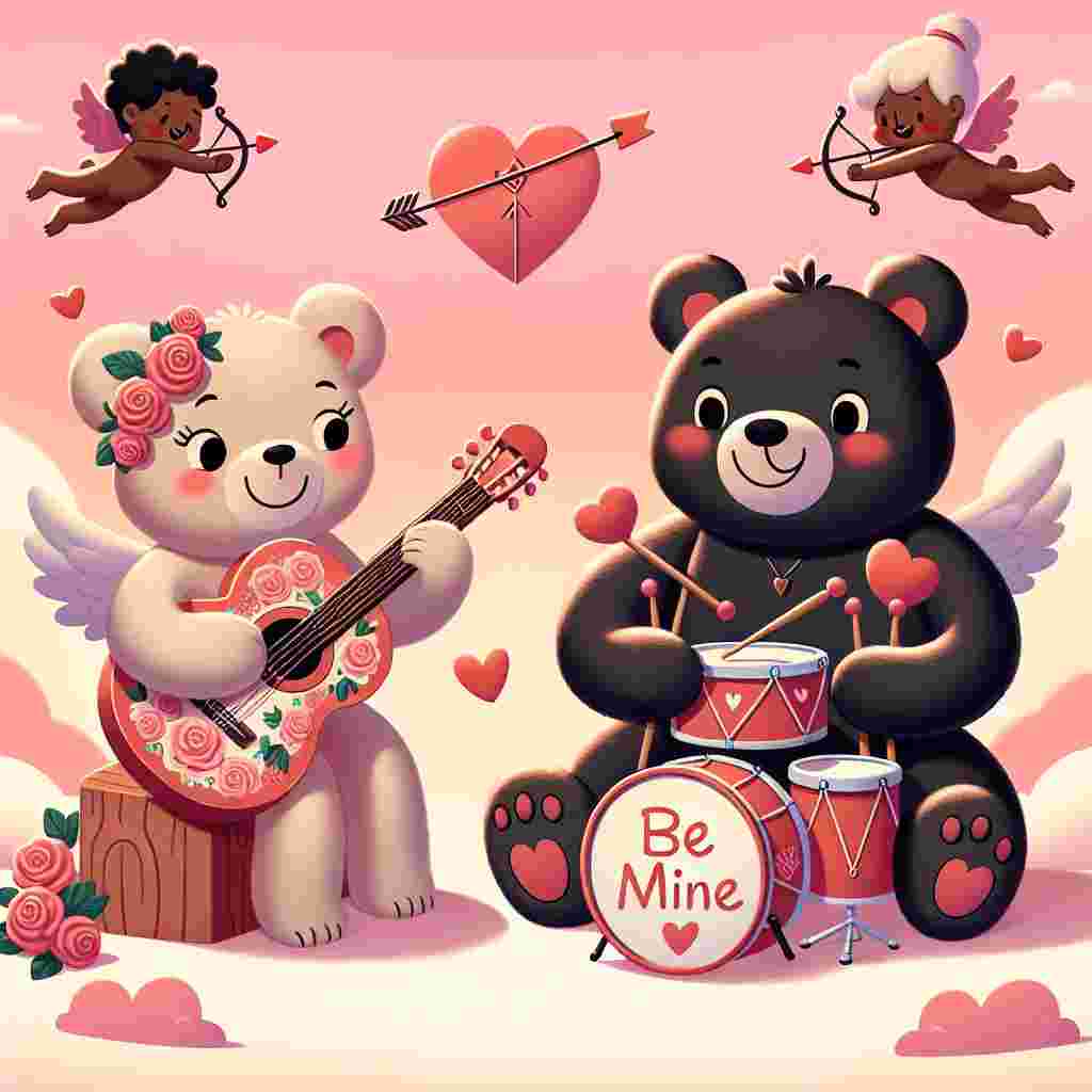 Imagine a delightful cartoon scene set in a Valentine's theme. There are two animated bears - one, a Hispanic female bear gracefully strumming a guitar adorned with rose motifs, and the other, a Black male bear joyfully drumming on drums embellished with cupid arrows. They're sharing a heartfelt musical moment together. The backdrop features a blush pink sky punctuated by heart-shaped clouds, creating an ambiance of love. Added to the scene, a whimsical handwritten note saying 'Be Mine' contributes extra endearment to this touching tableau.
Generated with these themes: Guitar and drums.
Made with ❤️ by AI.