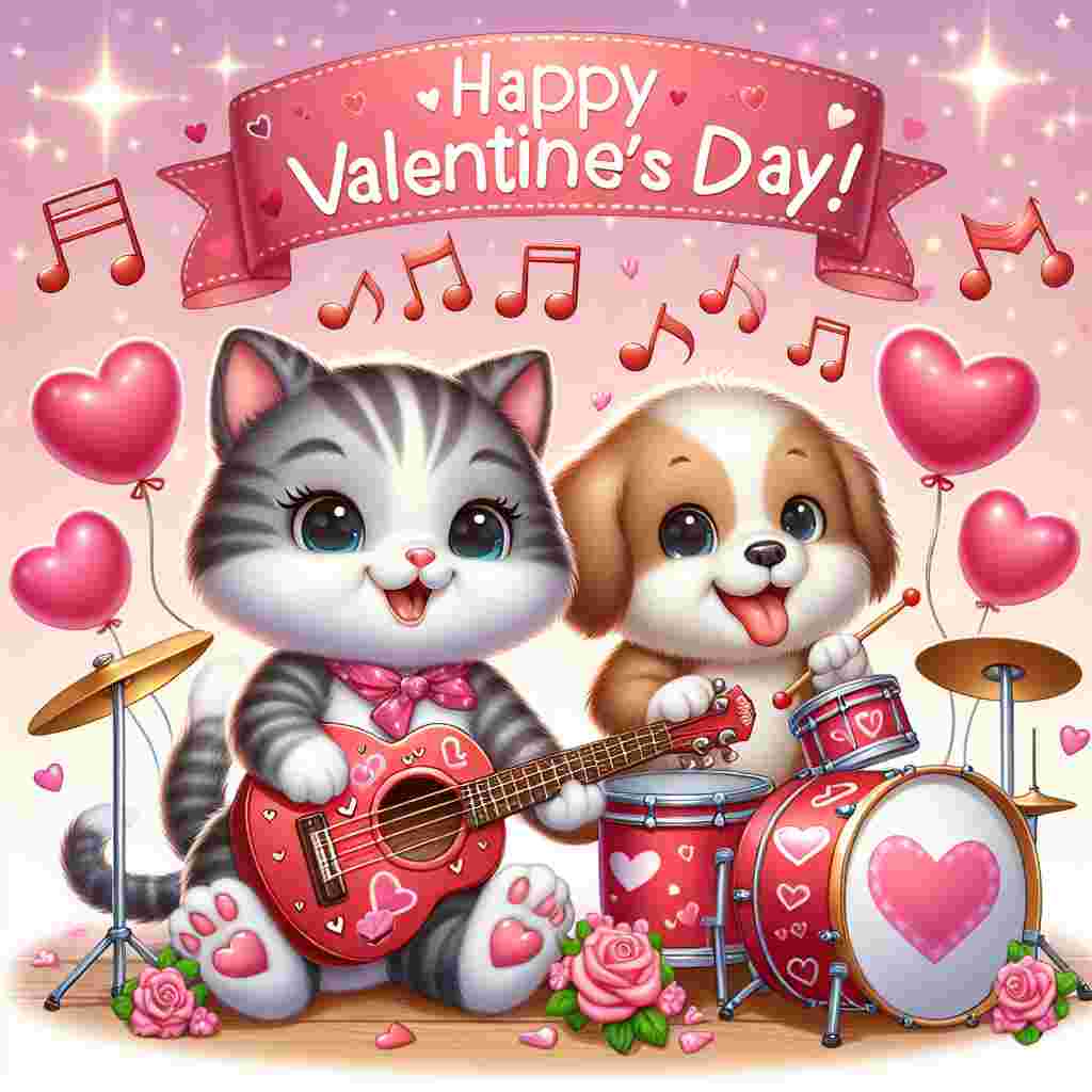 Create an image of a delightful cartoon scene set on Valentine's Day. It features an endearing duo of animals, a kitten and a puppy, engaged in a musical performance. The kitten, with a playful expression, is strumming a heart-shaped guitar, with music notes circulating around it suggesting a heartwarming tune. Simultaneously, the puppy is vivaciously playing a set of red and white drums decorated with pink hearts. The ambiance around them is festive, characterized by floating heart-shaped balloons, confetti sparkles, and a prominently displayed large, soft pink banner bearing the warm greeting 'Happy Valentine's Day!'
Generated with these themes: Guitar and drums.
Made with ❤️ by AI.