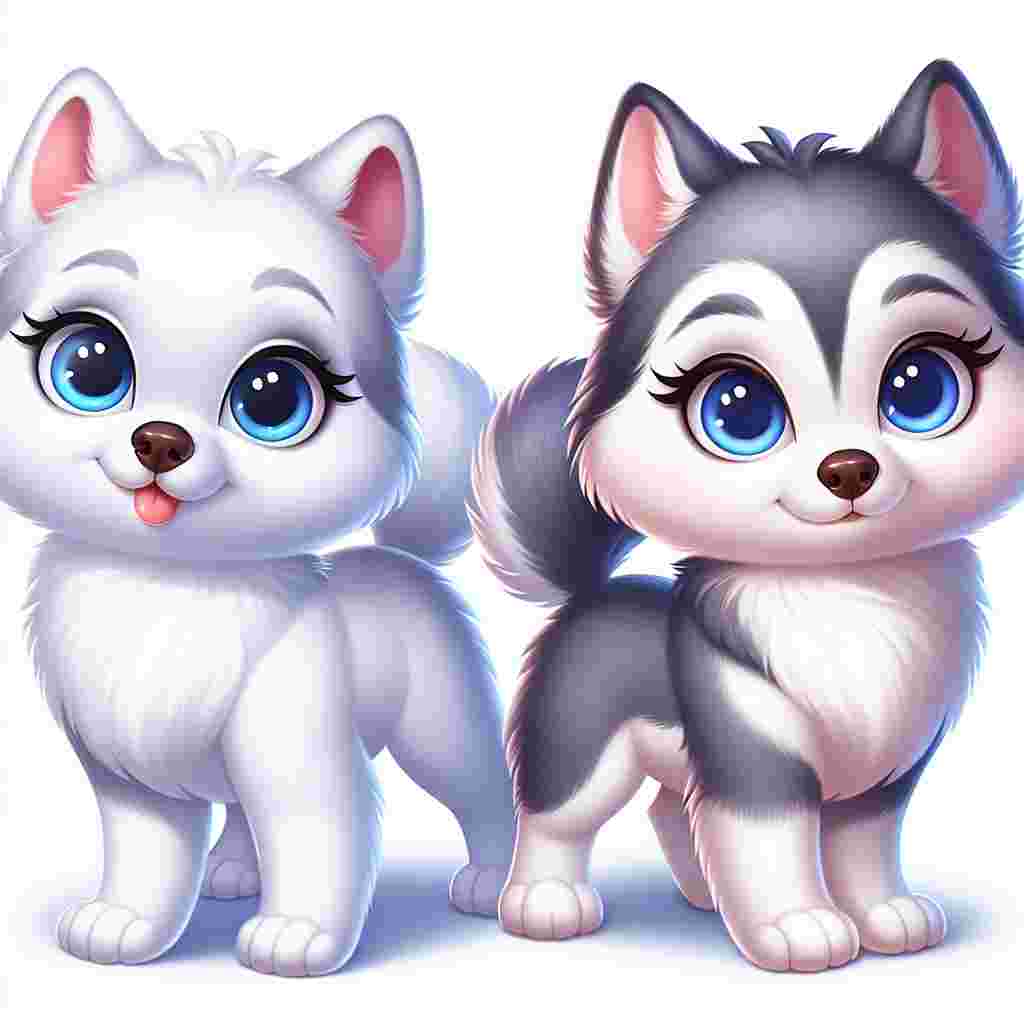 Two adorable cartoon characters, looking like charming versions of Siberian Huskies, stand side by side. The one on the left boasts the physique of a typical adult Siberian Husky. It has a coat as white as fresh winter snow and a friendly and welcoming stance. Its companion on the right shares the same husky structure but with a captivating coat that echoes the softest hues of a clear sky. Both animated dogs exhibit striking features of deep blue eyes, which resemble serene frozen lakes with their clear, bright gaze. The image should evoke a sense of whimsical charm, friendship, and heartwarming camaraderie between the two characters.
.
Made with ❤️ by AI.