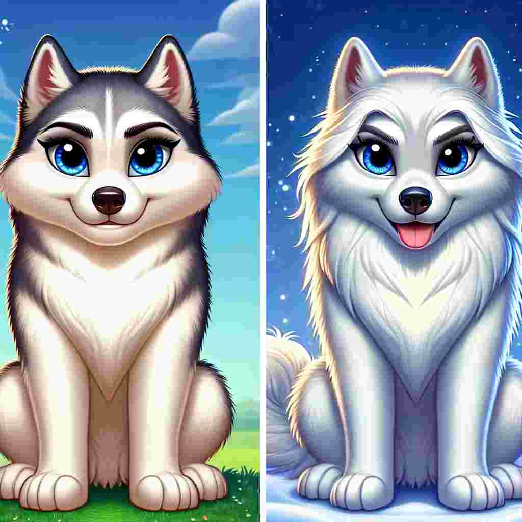Visualize an enchanting scene taken straight from a fable, showcasing a duo of cartoon characters undefined by species. To the left, the first character embodies the sturdy and defined physique of an adult Siberian Husky. This character sports a shimmering white coat that resembles the gleam of freshly fallen snow. Closeby, the second character radiates serenity, having an identical build to the Siberian breed and covered in a coat that mirrors the vibrant color of a clear blue sky. Both characters have captivating blue eyes that enhance their enigmatic yet friendly demeanor, enticing spectators into their animated realm.
.
Made with ❤️ by AI.