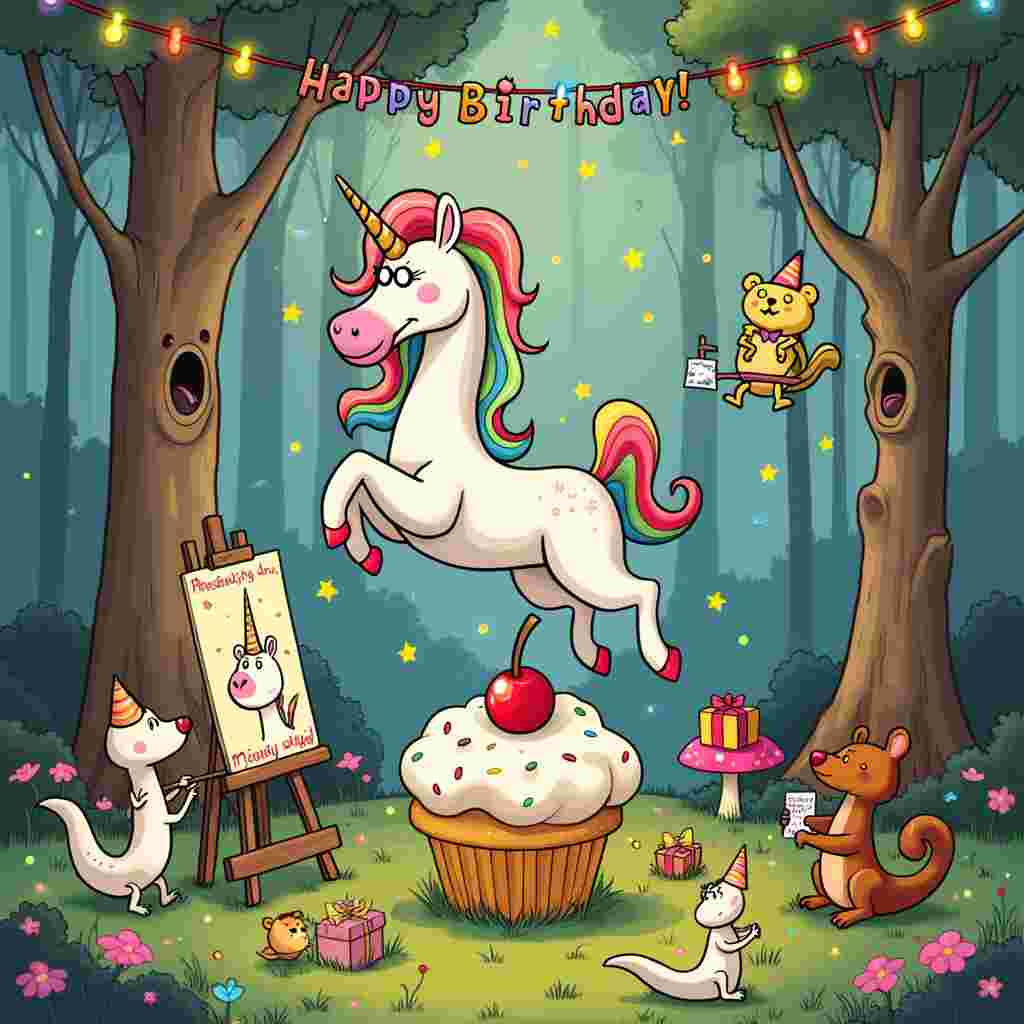 The front cover of the birthday greeting card depicts a fantastical scene set in a whimsical forest clearing, inspired by the playful and imaginative styles of Charles Schulz, Bill Watterson, and Winsor McCay.

In the center of the scene, a unicorn, with a sparkling rainbow mane and tail, stands on its hind legs atop a large, fluffy Squishmallow in the shape of a giant cupcake. The Squishmallow is soft and squishy, adorned with sprinkles and a cherry on top, its plush fabric showing slight indentations where the unicorn's hooves press down.

To the left of the unicorn, a group of cartoonish snakes, each wearing tiny birthday hats, are gathered around an easel. One snake, with glasses perched on its nose, is holding a paintbrush in its mouth and diligently painting a portrait of the unicorn. The easel holds a canvas that captures the unicorn’s likeness in a whimsical, exaggerated style reminiscent of Calvin and Hobbes. Other snakes hold up drawings of various forest animals, displaying their artistic prowess with pride.

To the right of the scene, a cluster of Squishmallows, shaped like various animals such as a bear, cat, and dinosaur, are playfully bouncing around. They each have unique features: the bear has a tiny party hat, the cat has a party horn in its mouth, and the dinosaur is wearing a bow tie.

Above the unicorn, hanging from the trees, are colorful string lights and banners that read "Happy Birthday!" in a cheerful, comic-book-style font, with stars and confetti sprinkled around the letters. The trees themselves have faces carved into their trunks, smiling down at the festive scene below.

In the background, cartoon birds are carrying gift boxes wrapped in vibrant paper and ribbon, while a squirrel, dressed as a party planner, is seen directing the birds from atop a toadstool.

The entire scene is framed by the tall trees of the forest, with their branches gently curving inwards as if to enclose the magical celebration. The forest floor is dotted with flowers and mushrooms, adding to the fantastical, dream-like quality of the artwork.

Overall, the scene is bursting with detailed, imaginative elements that combine the themes of unicorns, snakes, Squishmallows, and drawing into a lively and enchanting birthday celebration.
Generated with these themes: Unicorn, Snakes, Squish mellows, and Drawing.
Made with ❤️ by AI.