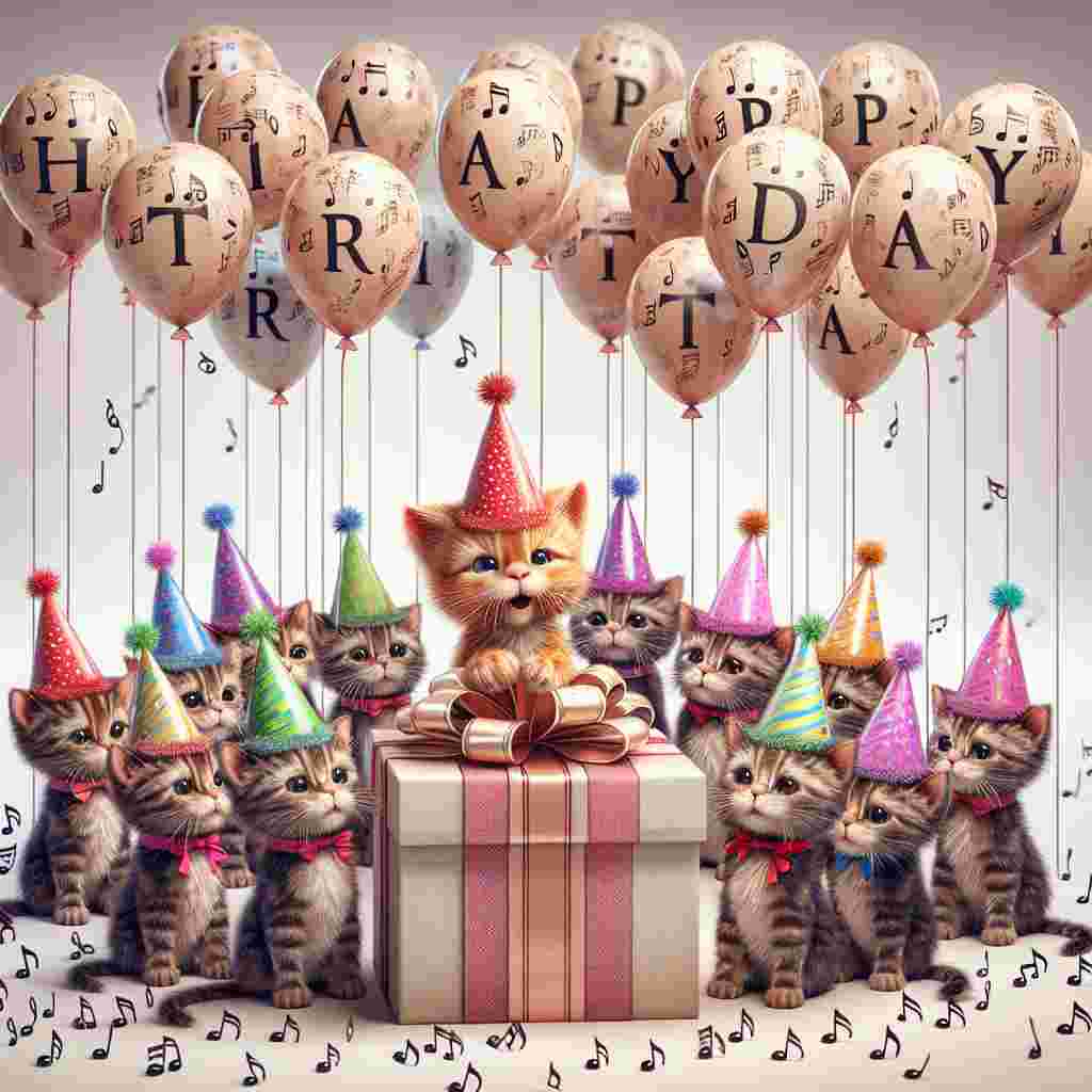 An adorable scene shows a group of animated kittens with party hats on, singing 'Happy Birthday' with tiny musical notes floating above their heads. They're standing around a large gift box. The text 'Happy Birthday' is whimsically integrated into the balloons above.
Generated with these themes: singing  .
Made with ❤️ by AI.