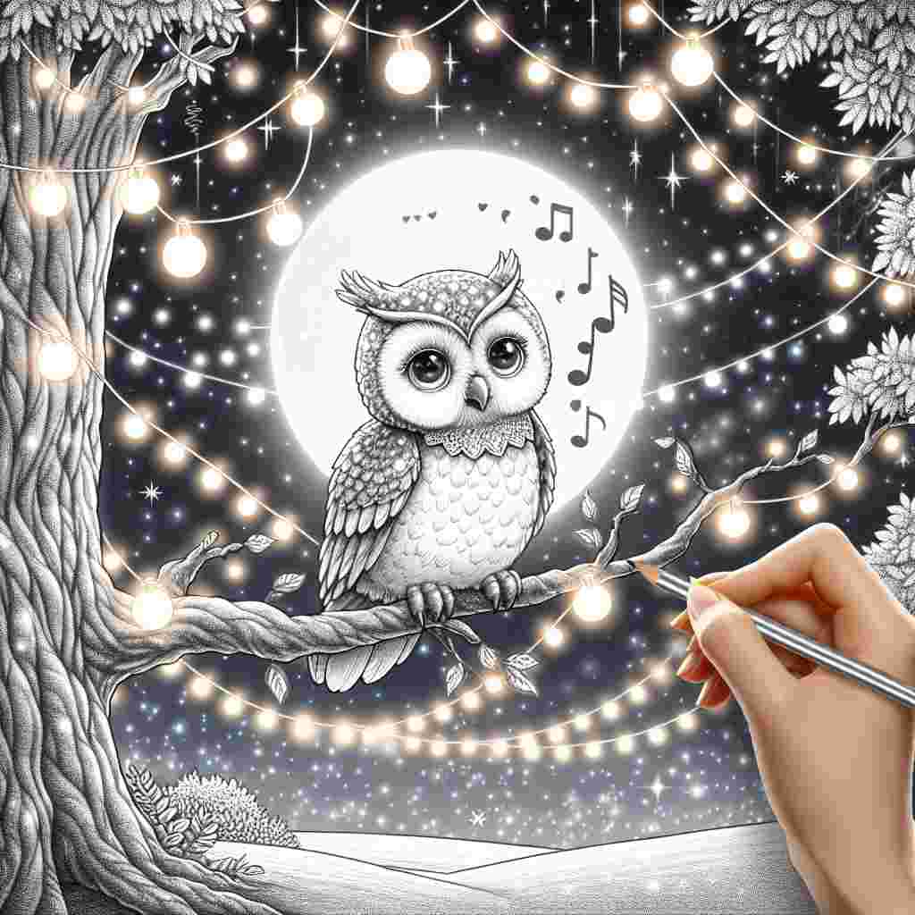 The scene depicts a cute owl perched on a tree branch adorned with fairy lights, singing with a melody note. A banner with the text 'Happy Birthday' is draped across the trees, surrounded by a moonlit sky and twinkling stars.
Generated with these themes: singing  .
Made with ❤️ by AI.