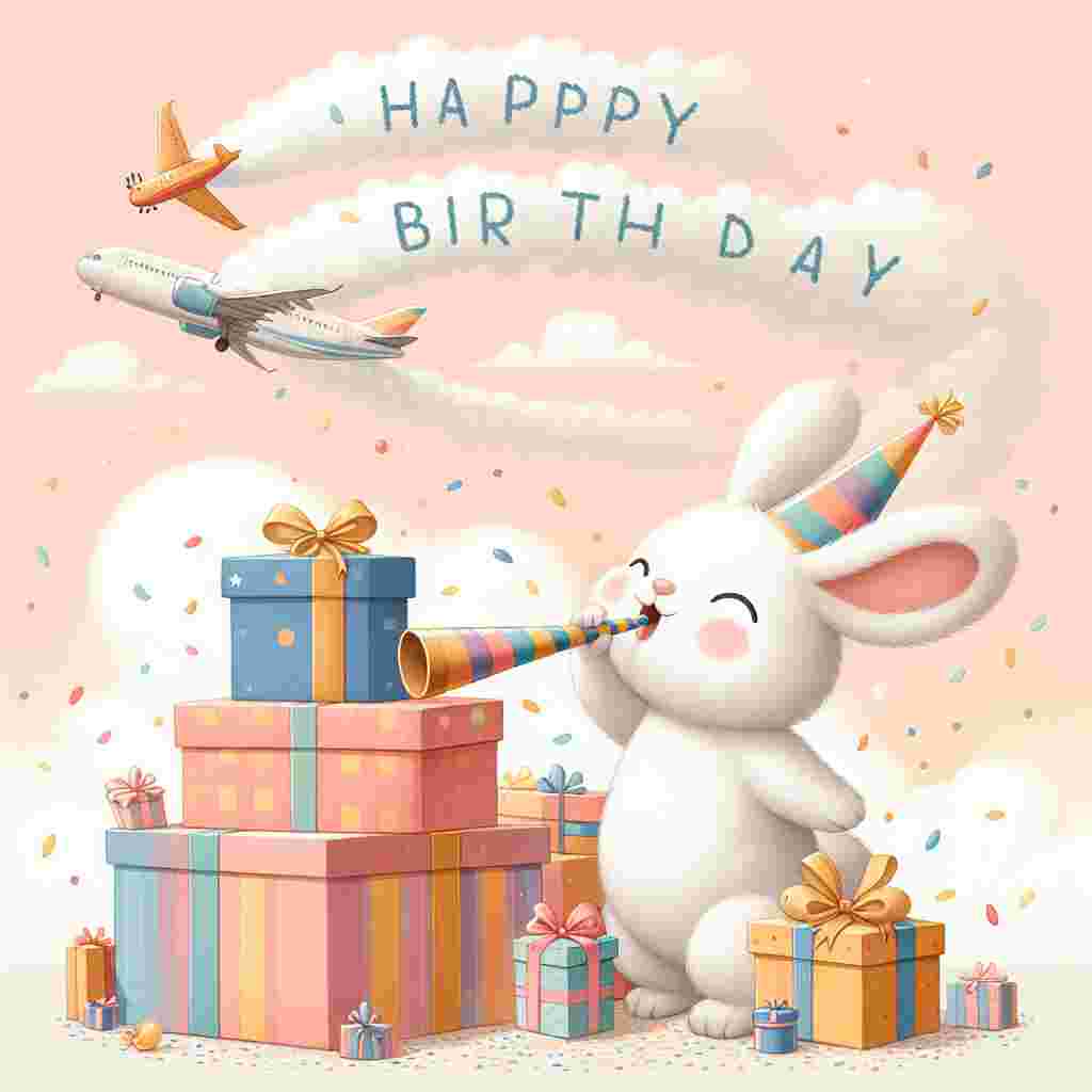 A sweet illustration presents a bunny with a party horn in its mouth, singing next to a pile of presents. The background is a pastel party scene with confetti, and 'Happy Birthday' appears in the sky written by a plane's smoke trail.
Generated with these themes: singing  .
Made with ❤️ by AI.