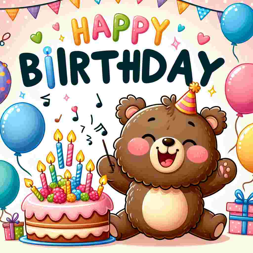 A charming illustration features a cheerful cartoon bear holding a birthday cake with lit candles, singing joyfully. Colorful balloons and streamers fill the background. Bold, playful letters spell out 'Happy Birthday' above the scene.
Generated with these themes: singing  .
Made with ❤️ by AI.