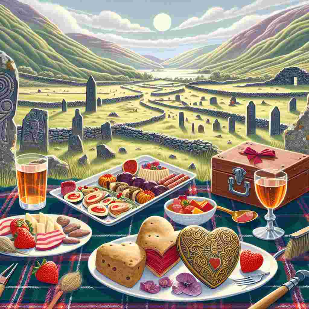 Illustrate an enchanting Valentine's Day scene nestled in the undulating landscapes of Scotland, accentuated by historical ruins that evoke stories of days past. At center stage, you'll notice a snug picnic, featuring traditional Spanish tapas neatly displayed on a tartan blanket – a beautiful blend of Spanish liveliness and Scottish roots. To the side, spot an archaeologist's toolkit comprising of a trowel and brush, lying nonchalantly next to a recently discovered antique Celtic heart-shaped locket, infusing the romantic setting with a peculiar archaeological twist.
Generated with these themes: Spain, Scotland, and Archaeology.
Made with ❤️ by AI.