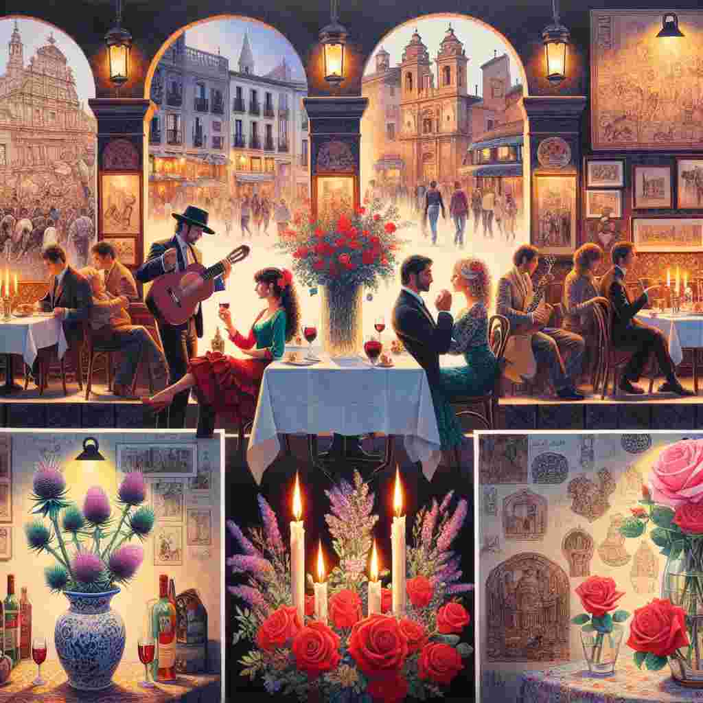 Depict a charming and intimate café scene during a Valentine's Day evening, inspired by both Spanish and Scottish cultural elements. The Café is located on a lively street in Spain. It is alive with the energetic rhythms of flamenco music intertwining with the soothing tunes of Scottish ballads. Delicate centerpieces grace each table, composed of Scottish thistles, a symbol of strong character and resilience, and red roses, the emblem of passion and love. Beautiful sketches of historical Spanish and Scottish archaeological sites adorn the walls, casting an ambiance of timeless love and devotion. Diverse pairs of couples, each from varying descents, express affection under the soft, warm glow of candlelight, allowing the essence of diverse histories to weave into their romantic narrative.
Generated with these themes: Spain, Scotland, and Archaeology.
Made with ❤️ by AI.