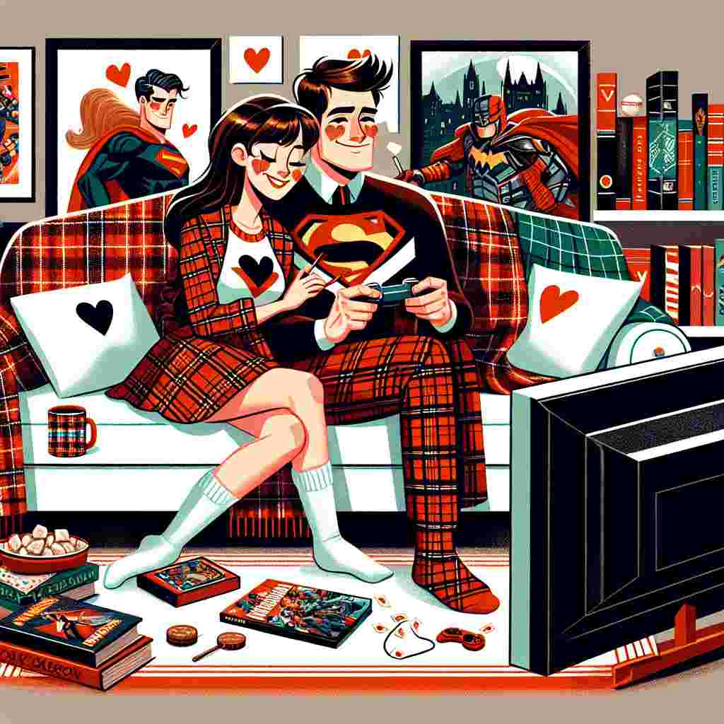 Create a whimsical Valentine's Day illustration. The scene should depict a couple cozily watching a romantic superhero movie in their living room that's filled with comic books and board games, suggesting a fun night of entertainment. The couple should be wearing clothes that incorporate Scottish tartan and South African patterns as a playful clash of their identities. The Scottish tartan will symbolize one person's Caucasian descent while the South African patterns will symbolize the other person's Black descent. Make sure the overall feeling of the illustration is a sexy, fun blend of their identities on this day of love.
Generated with these themes: Sexy, Games, Movies, Comic books, South african, and Scottish.
Made with ❤️ by AI.