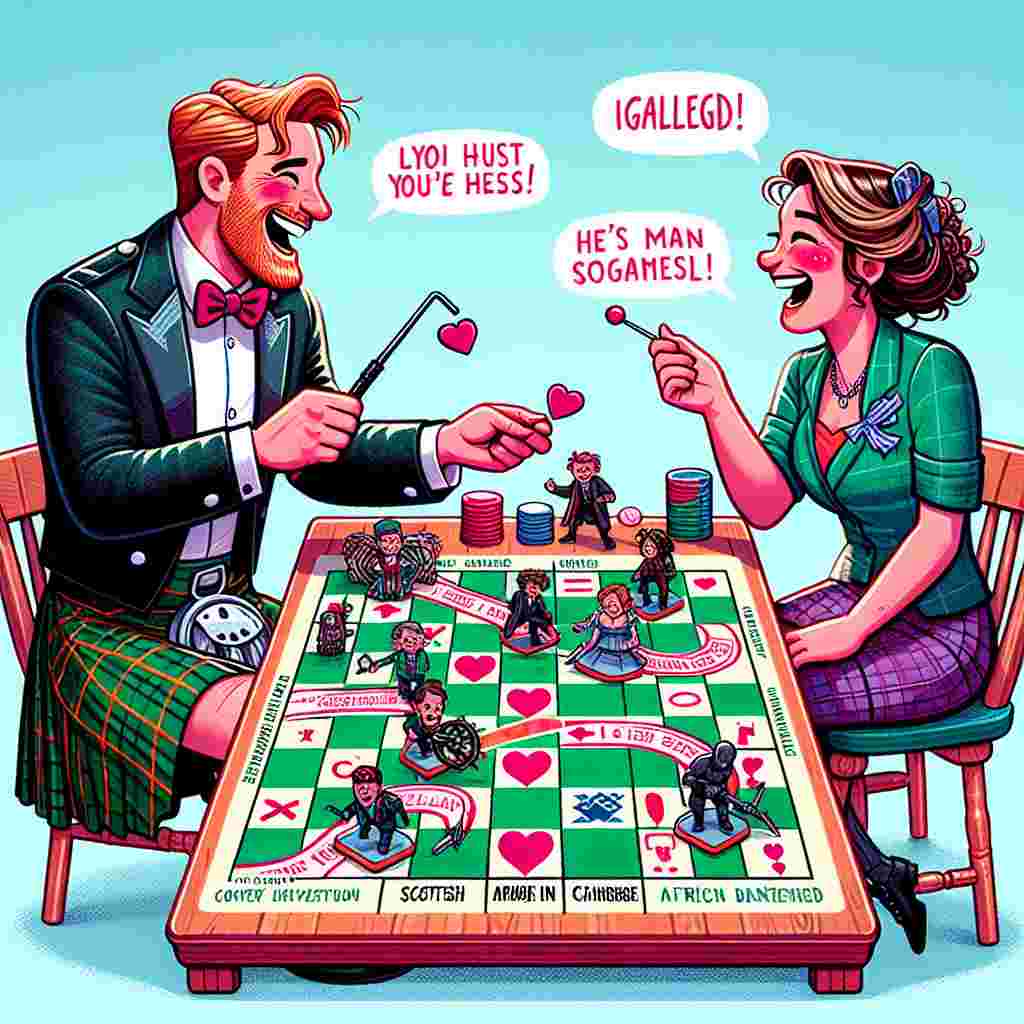 Create a humorous illustration themed around Valentine's day, featuring two main characters playfully engaging in a unique board game. Incorporating elements inspired by popular movies and comic books, the challenges offer a splash of clever intrigue. The male character, of Scottish descent, is wearing a traditional Scottish kilt. The female character, of South African descent, is dressed in traditional South African attire. Both are laughing, adding to the light-hearted and joyful atmosphere, as they play this quirky game that wonderfully marries their diverse passions and cultures together.
Generated with these themes: Sexy, Games, Movies, Comic books, South african, and Scottish.
Made with ❤️ by AI.