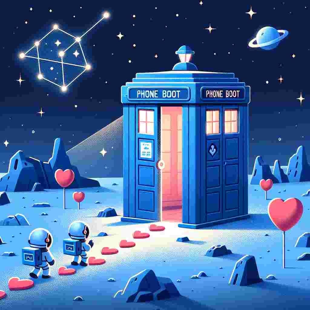 Visualize a charming cartoon scene of a unique cubic blue phone booth, evocative of science fiction television, situated on a picturesque lunar surface dusted with twinkling star particles. The door of the booth is slightly open, with a path of sweet heart-shaped candies leading to its entrance. In the far-off galaxy, a constellation designed like a popular video streaming service icon sparkles. Cartoon astronauts donning helmets with heart motifs float around in space, sharing Valentine's Day greetings while propelling through the cosmos on bursts of cosmic affection.
Generated with these themes: Dr who, Twitch, and Space.
Made with ❤️ by AI.