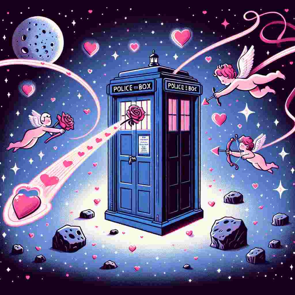 A whimsical Valentine's Day cartoon scene where a vintage blue British police box, reminiscent of early 20th century designs, holds a central role, adorned with pink hearts and floating on a starry space backdrop. A shape hinting at a humanoid figure can be seen inside, extending a rose through the door of this mystical box. Cherub-like creatures, reminiscent of commonly depicted Cupids, flit around, firing arrows that trail ribbons forming abstract shapes towards affectionate extraterrestrials floating on nearby asteroids.
Generated with these themes: Dr who, Twitch, and Space.
Made with ❤️ by AI.
