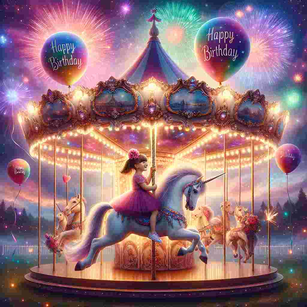 This adorable depiction showcases a stepdaughter on a fantasy carousel, riding a majestic unicorn. The carousel is decorated with colorful lights and ribbons, while above, 'Happy Birthday' is inscribed in star-shaped balloons, gleaming against a twilight sky filled with fireworks.
Generated with these themes: step daughter  .
Made with ❤️ by AI.