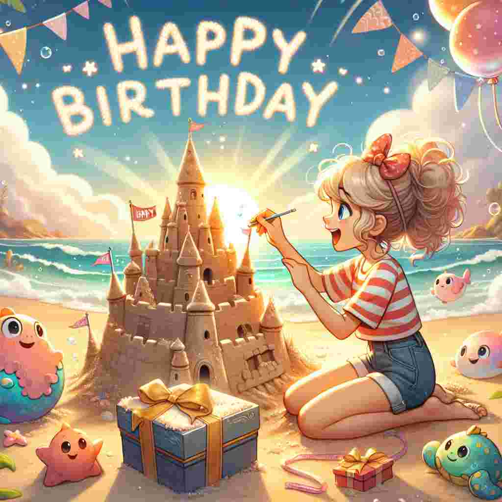 The illustration shows a joyful stepdaughter at the seaside, building a sandcastle with a tiny flag that reads 'Happy Birthday'. She's surrounded by friendly marine animals and a treasure chest overflowing with gifts. The sun is setting, casting a warm glow over the scene, with 'Happy Birthday' written in the clouds.
Generated with these themes: step daughter  .
Made with ❤️ by AI.