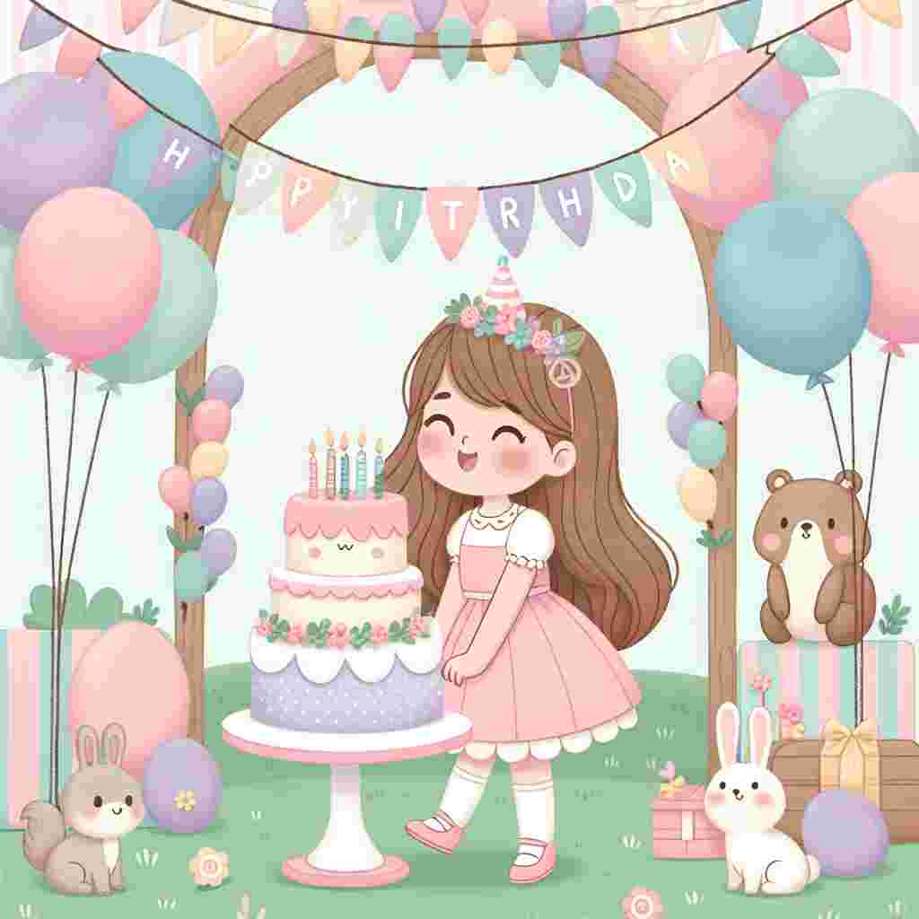 A heartwarming illustration depicts a stepdaughter surrounded by a pastel balloon arch, with a cute woodland creature party theme. She's playfully posed, blowing out candles on a whimsically decorated cake. Above her, 'Happy Birthday' is written in playful, colorful letters, fluttering like pennants in the gentle breeze.
Generated with these themes: step daughter  .
Made with ❤️ by AI.