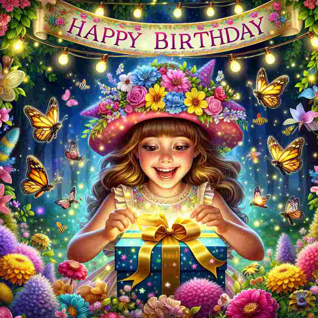 In a charming scene, a stepdaughter is at the center of a fairy tale garden, with tiny fairy lights and flowers all around. She's wearing a party hat and a joyful smile as she opens a gift. A banner with the text 'Happy Birthday' hangs above, adorned with butterflies and bees, complementing the enchanting atmosphere.
Generated with these themes: step daughter  .
Made with ❤️ by AI.