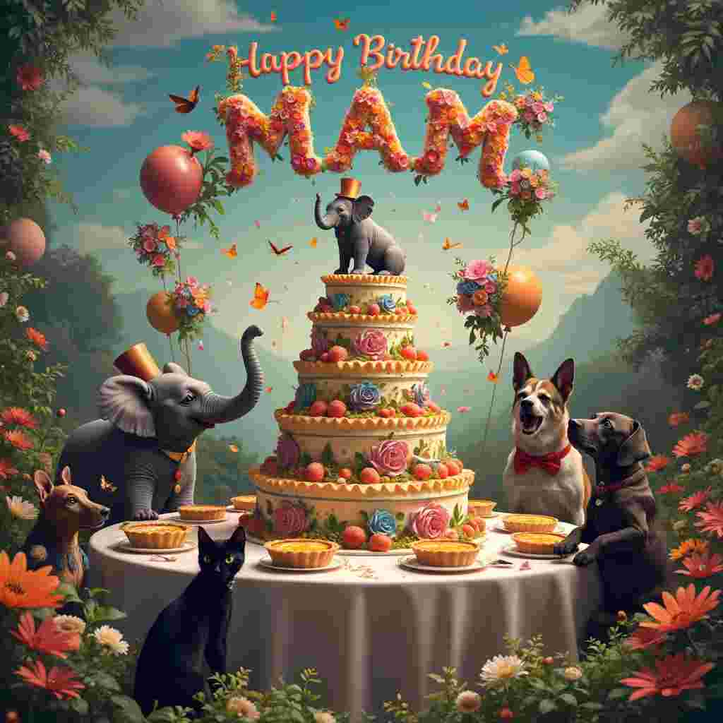 In this vividly surreal birthday scene, imagine a lush, otherworldly garden bathed in soft, twilight hues. In the center of the garden is a whimsical, oversized birthday cake, the layers of which seem to defy gravity. The cake is adorned with vibrant flowers that bloom in impossible shapes and colors, some even forming the letters "Happy Birthday Mam" on the topmost layer, sparkling with edible glitter.

To the left of the cake, a trio of elephants, each one dressed in a tuxedo and top hat, are balancing on colorful baked potatoes instead of traditional circus balls. They are trumpeting a joyful tune, their trunks holding bouquets of flowers that appear to be dancing in mid-air.

To the right, there's a group of dogs, each one a different breed, sitting around a long table draped in an elegant, flower-strewn tablecloth. On the table are an assortment of quiches, their golden crusts catching the light, and one quiche is particularly large and features a beautifully carved "Mam" on its surface, made from vegetables and cheese.

In the foreground, a sleek black cat with a mischievous glint in its eyes is playfully batting at a stream of confetti that seems to flow endlessly from the sky. The confetti sparkles as it falls, adding to the magical atmosphere.

Above, the sky is a canvas of swirling colors and patterns, with clouds forming whimsical shapes. Among these clouds, the word "Mam" is spelled out in an ethereal, fluffy script, with birds and butterflies flitting around it as if orchestrating the message.

Each element of the scene is intricately detailed, from the textures of the animals' fur and the intricate icing on the cake, to the shimmering flowers and the crisp, flaky pastry of the quiches. The entire setting exudes a sense of joyous celebration, with every component carefully placed to create a harmonious and fantastical birthday greeting for Mam.
Generated with these themes: Black cat, Baked potatoes , Elephants, Flowers, Dogs, Cake, and Quiche .
Made with ❤️ by AI.