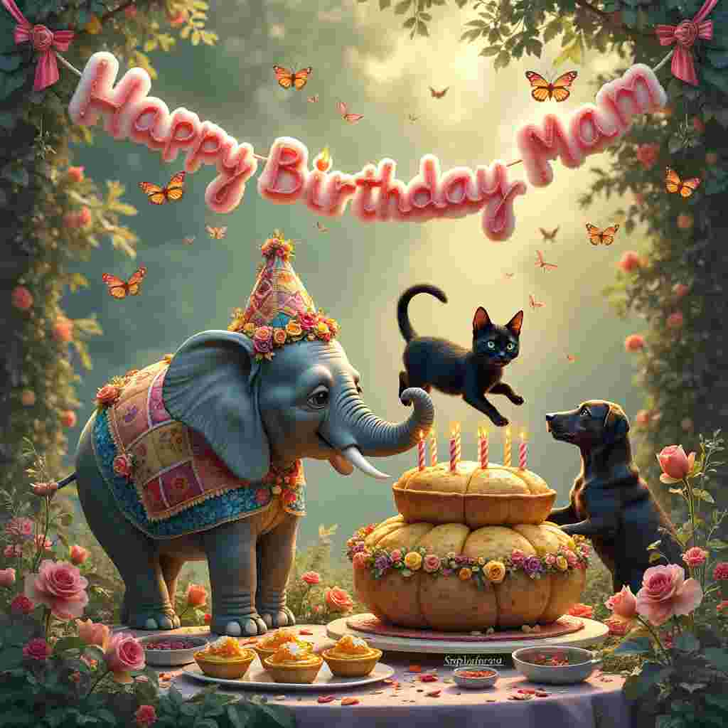 In the center of the card, we see a lush, whimsical garden bathed in golden sunlight. To the left, a majestic elephant, draped in a colorful patchwork quilt, gently balances a massive, ornate birthday cake on its back. The cake is adorned with intricate sugar flowers and topped with glowing candles that spell out "Happy Birthday Mam" in delicate frosting.

Beside the elephant, a black cat with piercing green eyes lounges comfortably atop a giant baked potato. The potato's perfectly crisped skin is studded with pats of melting butter, and steam rises from its fluffy interior. 

To the right, a playful dog, with a coat resembling a patchwork quilt of colors, is energetically chasing butterflies made of delicate flower petals, each one unique in color and pattern. The dog's tail wags vigorously, creating a small whirlwind of petals around it.

In the background, an elegantly set table is visible under a canopy of flowering vines. The table is covered with an eclectic array of delectable treats: a variety of quiches with golden crusts, fresh garden salads in vibrant bowls, and more baked potatoes, each adorned with different toppings like sour cream, chives, and cheese.

Floating above the scene, a banner made of cloud-like cotton candy spells out "Happy Birthday Mam" once more, its letters drifting softly in the sky. The clouds are tinged with hues of pink, lavender, and gold, adding to the dreamy quality of the scene.

To complete the picture, a small flock of birds, each holding a tiny flower in its beak, flies gracefully around the banner, as if they are delivering a floral tribute to the birthday celebration. This surreal yet heartwarming tableau combines all the requested themes into a visually stunning and uniquely creative birthday greeting for Mam.
Generated with these themes: Black cat, Baked potatoes , Elephants, Flowers, Dogs, Cake, and Quiche .
Made with ❤️ by AI.