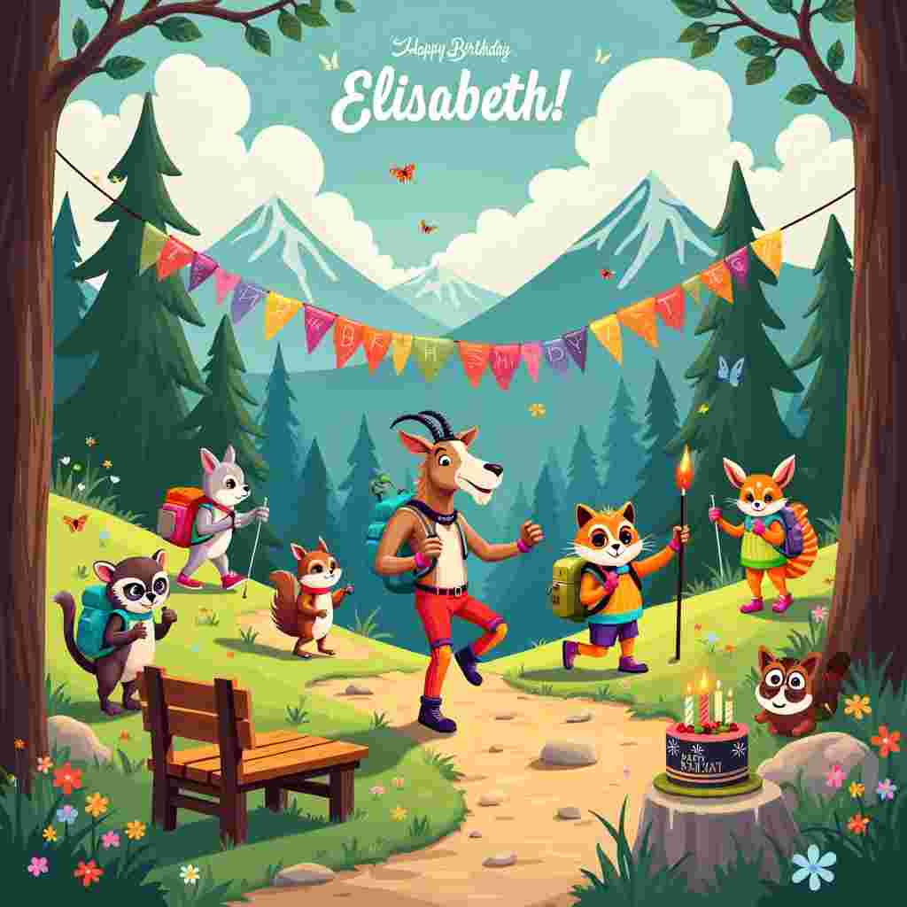 Imagine a vibrant, sunlit mountain trail where quirky characters and whimsical details merge harmoniously in a birthday celebration. In the foreground, an energetic, anthropomorphic mountain goat, dressed in retro workout gear complete with neon leg warmers, headband, and wristbands, is leading an aerobics class for a group of other animals. The animals are a mix of species – a rabbit, a squirrel, a fox, and a hedgehog – all in equally eccentric workout attire, following the goat’s lead with exaggerated, comedic enthusiasm.

To the left, there’s a cozy, vintage wooden bench where a grandmotherly figure, an owl with tiny spectacles perched on her beak, is engrossed in knitting an oversized, rainbow-colored scarf. The scarf stretches across the scene, weaving in and out of bushes and trees, and playfully wrapping around the base of a nearby tree trunk.

To the right, a trio of hiking raccoons is caught mid-stride, with tiny backpacks and miniature walking sticks. One raccoon is studying a map, another is pointing towards the mountain peak, and the third is snapping a selfie with a squirrel on a rock that is pretending to be a mountain guide, holding a tiny flag that says "Trail Blazers."

In the background, the rolling hills and tall trees stretch toward a clear blue sky. Wispy clouds spell out "Happy Birthday Elisabeth!" in a whimsical, looping script, floating above the scene like a magical message. A colorful banner strung between two tall trees in the distance, flutters in the gentle breeze, adding another festive touch with the words "Celebrate with Nature!" emblazoned on it.

Details like tiny flowers dotting the grass, ladybugs meandering along the leaves, and butterflies fluttering around add to the lively and joyous atmosphere. A small cake set on a tree stump, decorated with edible flowers and a single, bright candle, completes the birthday theme, making it clear that this charming, detailed illustration is a celebration just for Elisabeth.
Generated with these themes: Knitting, Hiking, and Workout.
Made with ❤️ by AI.