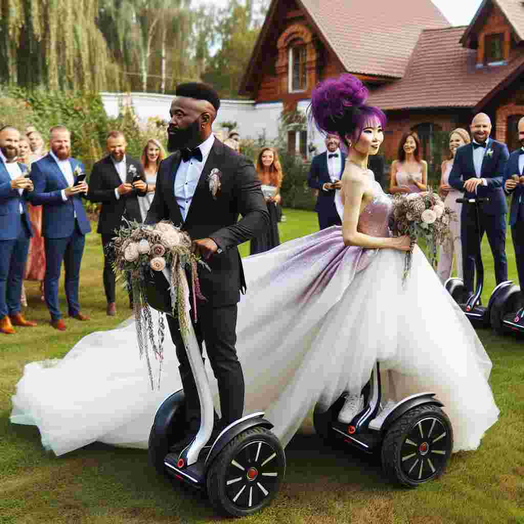 Show a whimsical outdoor wedding set in a picturesque garden. The couple, a black groom wearing a tailored suit and an East Asian bride with striking purple hair in a playful updo, are making an unforgettable entrance riding decorated Segways. The bride navigates the terrain with elegance, her flowing white gown trailing behind her. The atmosphere is joyful and filled with laughter as the spectators, men and women of various descents, marvel at the couple's quirky mode of transportation, giving the scene an air of endearing fun and novelty.
Generated with these themes: Segway, and Purple hair.
Made with ❤️ by AI.