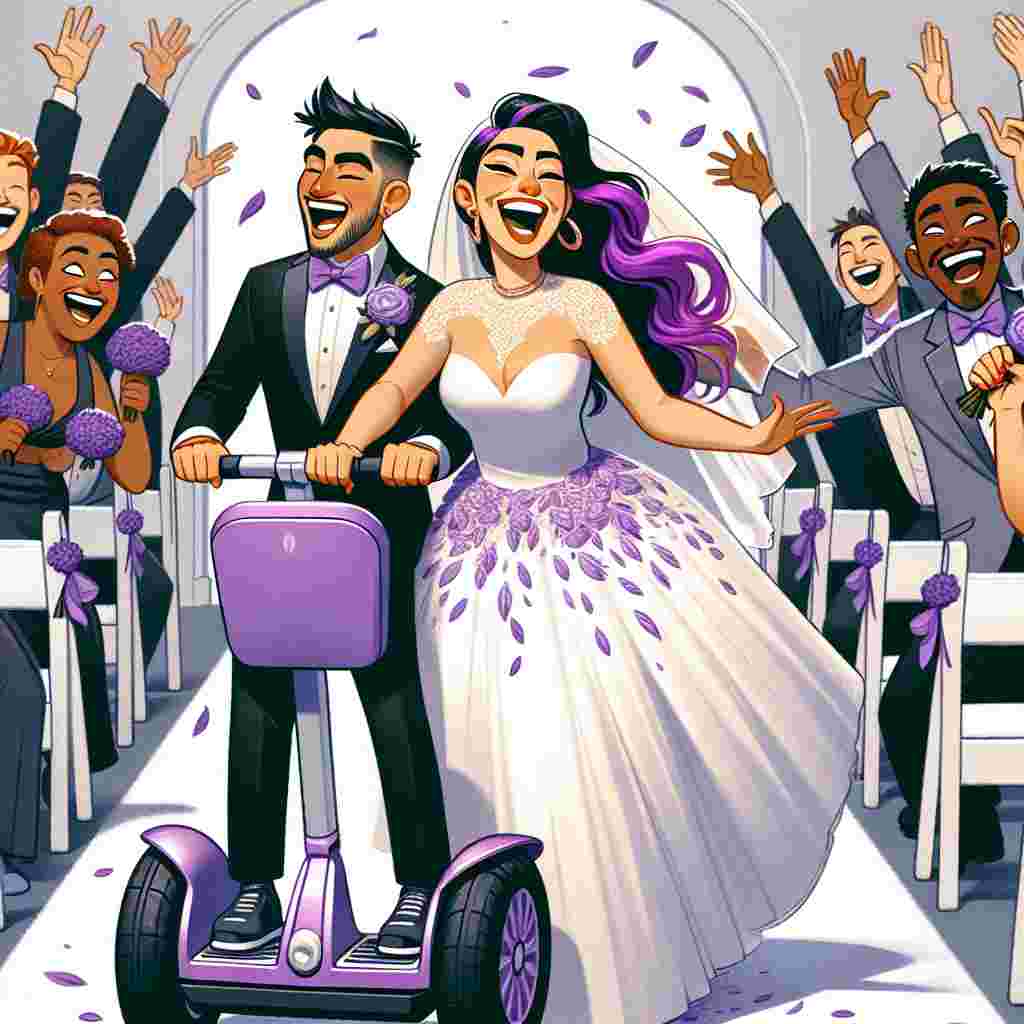 Create an amusing and quirky wedding-themed illustration featuring a jubilant Hispanic bride and Caucasian groom riding Segways down the aisle. The bride shines in an elegant white dress adorned with subtle splashes of lavender to match her vibrant purple hair, a rebellious deviation from traditional hairstyles. The cheerful, multicultural guests laugh and throw purple petals in the air, their expressions reflecting appreciation and marvel at the unconventional yet delightful theme.
Generated with these themes: Segway, and Purple hair.
Made with ❤️ by AI.