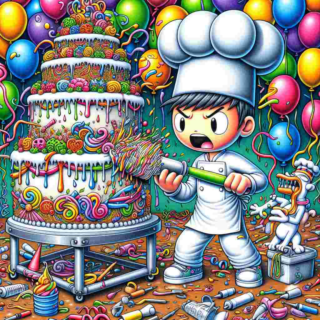 A vividly coloured, birthday party-themed drawing where a large, ornately adorned cake dominates the scene. Against a background filled with multicoloured balloons and ribbons, a cartoon boy of Asian descent, garbed in a chef's hat and protective garment, is eagerly enhancing the icing. Exuding exaggerated focus, he is standing on a portable seat, brandishing an outsized flipper tool, while comic accidents occur as baked goods embellishments become animated, partaking in frivolous pranks in his vicinity.
Generated with these themes: Cake making , and Son.
Made with ❤️ by AI.