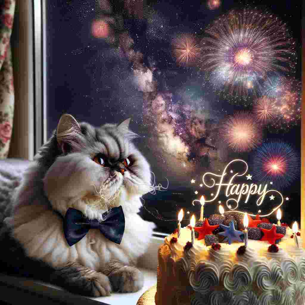 This delightful scene depicts a Selkirk Rex cat with a bow tie, perched on a window sill, looking out at the night sky filled with fireworks. A birthday cake sits beside it, and 'Happy Birthday' is twinkling among the stars.
Generated with these themes: Selkirk Rex Birthday Cards.
Made with ❤️ by AI.