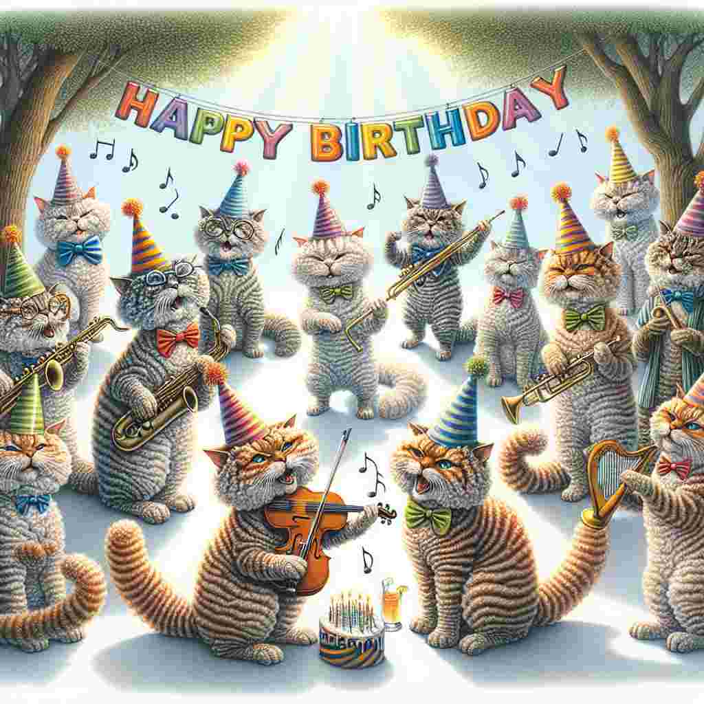 A whimsical illustration shows a group of Selkirk Rex cats with party hats, playing musical instruments at a birthday bash. 'Happy Birthday' is integrated into the scene as a banner strung up between two trees.
Generated with these themes: Selkirk Rex Birthday Cards.
Made with ❤️ by AI.
