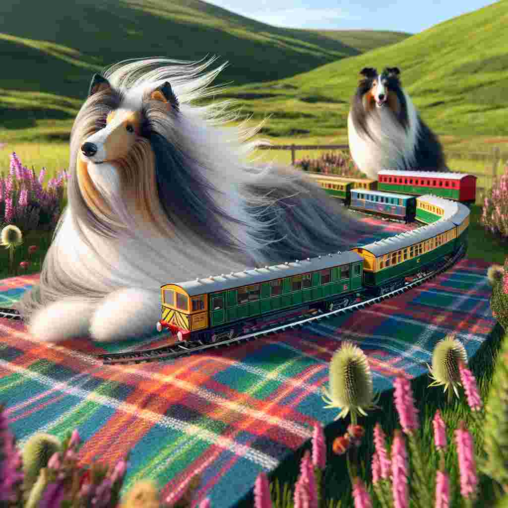 Render an image inspired by the picturesque green hills of Scotland. The foreground comprises of a vibrant, checkered picnic blanket in typical Scottish tartan color spread out on lush grass. Bearded Collie dogs, white and black in color, are playfully frolicking around this spot, their fur dancing harmoniously with the breeze. Not too far from the blanket, visualise a charming toy train zigzagging on a miniature track that weaves its path through common Scottish flora like thistles and heathers. Each car of the train radiates warmth carrying heartfelt Father's Day greetings and miniature hand-drawn pictures, thereby creating an ambiance that is whimsical, endearing and celebratory.
Generated with these themes: black and white bearded collie dogs, scotland, MacBean tartan and trains .
Made with ❤️ by AI.