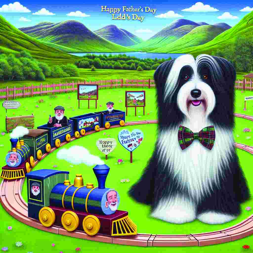 Create a quaint and lively cartoon scene. The backdrop should include the breathtaking Scottish highlands underneath a clear blue sky. In the foreground, a lovely black and white Bearded Collie is seated on a verdant meadow, donning a bow tie styled in the MacBean tartan pattern. Beside the dog, a track of wooden play trains forms a circular path. Each train car should be creatively adorned with amusing Father's Day messages and humorous cartoon caricatures. The train moves around the track, adding a joyous and dynamic vibe to this Father's Day celebration.
Generated with these themes: black and white bearded collie dogs, scotland, MacBean tartan and trains .
Made with ❤️ by AI.