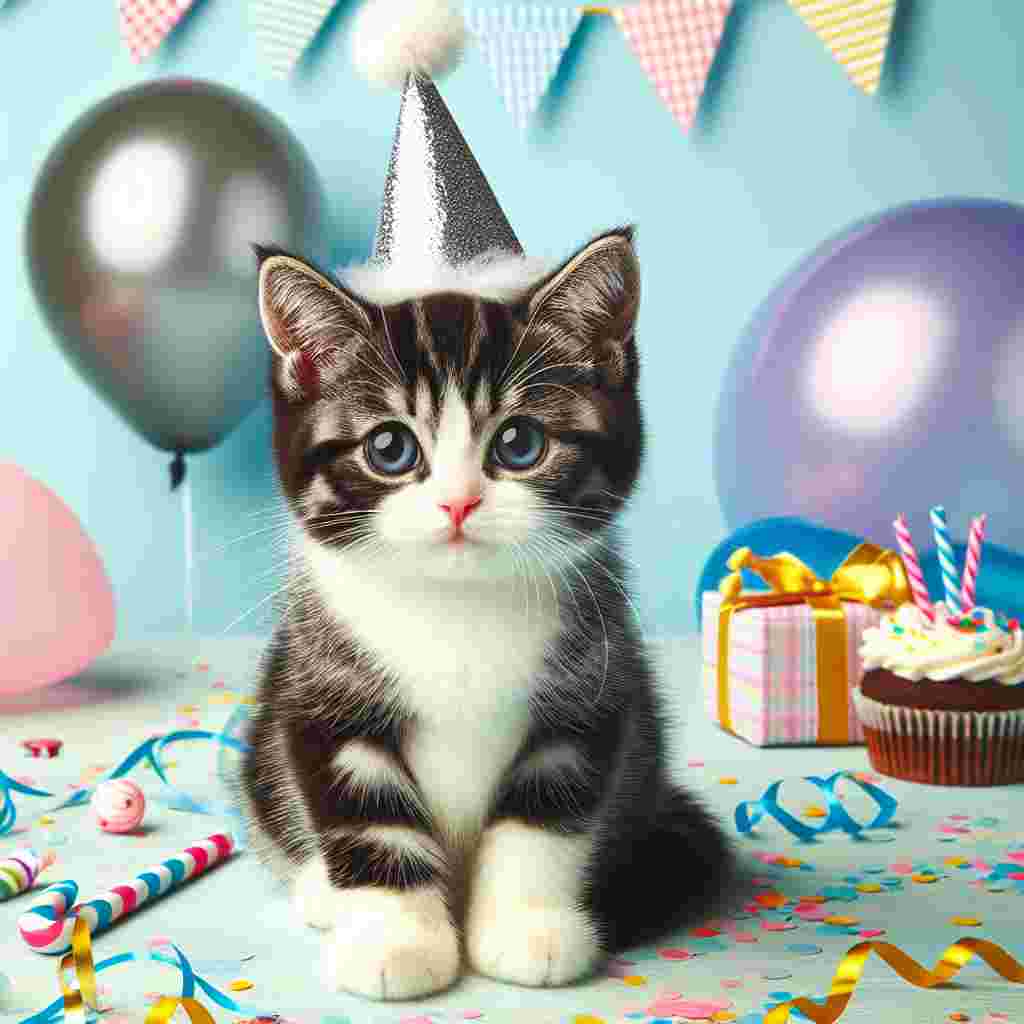 Create a playful image of a cute Domestic Shorthair kitten in the midst of a birthday celebration. Depict the medium-sized kitty with glossy black and white fur, gazing at the viewer with bright blue eyes. Decorate the surroundings with whimsical items such as colourful streamers, confetti, and a comically worn, pointy party hat on the kitten's head. The overall scene should emanate the joyful and heartwarming environment of a fun and animated birthday party.
.
Made with ❤️ by AI.