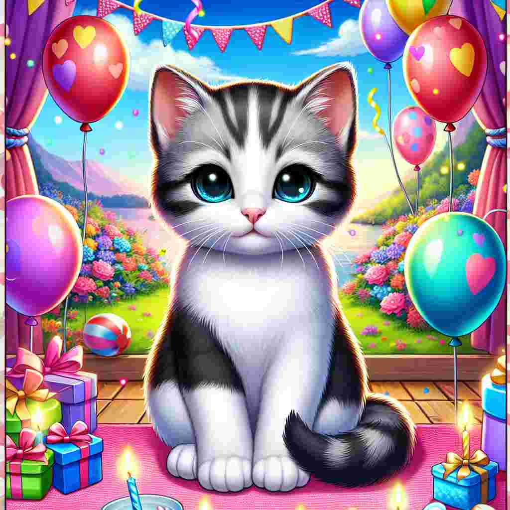 Imagine a charming cartoon scenario filled with a festive birthday atmosphere, where a Domestic Shorthair kitten is the main attraction. This average-sized kitten presents a sleek black and white coat and its striking blue eyes glow with a hint of mischief. The environment around the kitten is lively with vibrant balloons floating in the air. A colorful birthday banner adorns the backdrop, creating a fun-filled ambiance. There's also a heap of wrapped presents in the corner, insinuating a day filled with fun and games.
.
Made with ❤️ by AI.