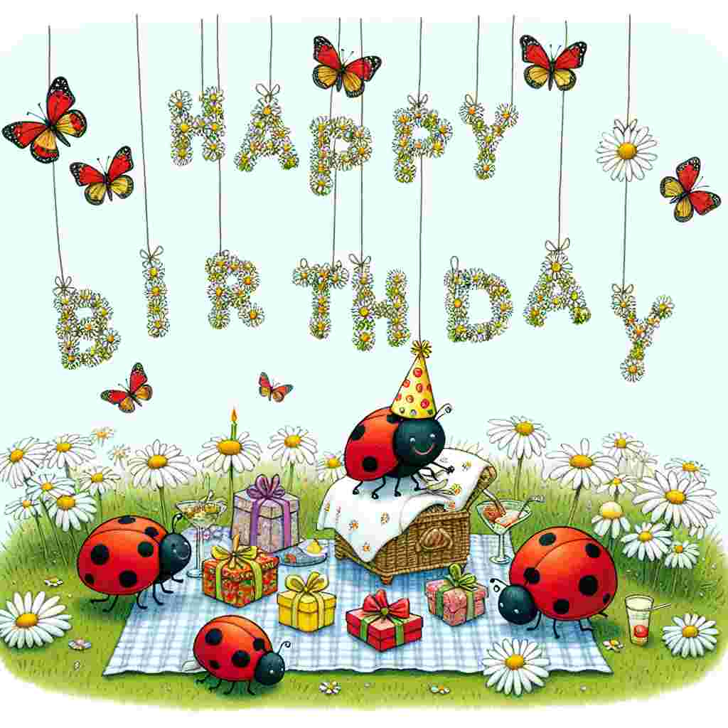 A delightful birthday illustration showcasing a gentle meadow scene where a group of adorable ladybirds are picnicking. One ladybird stands out, wearing a party hat and surrounded by tiny wrapped gifts. Above them, 'Happy Birthday' is spelled out with daisy petal letters held aloft by fluttering butterflies.
Generated with these themes: ladybird  .
Made with ❤️ by AI.