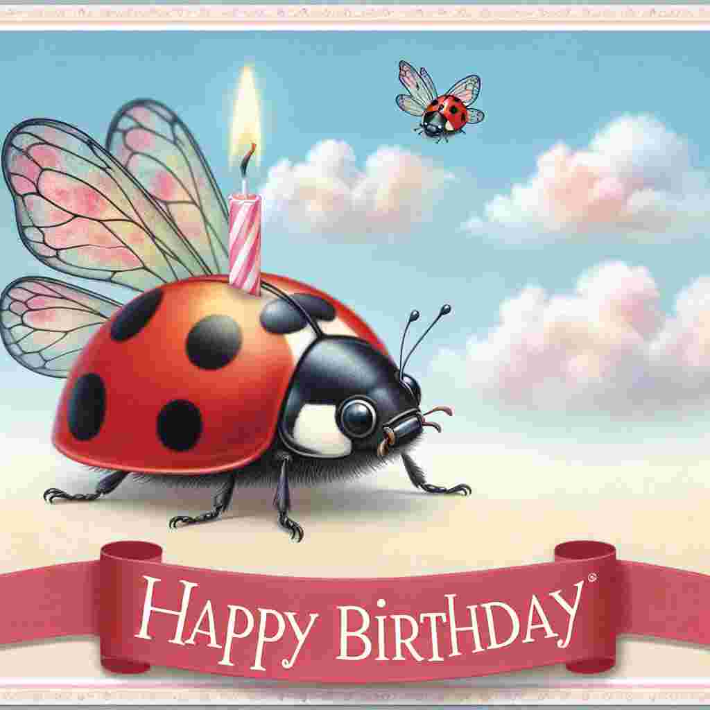 The picturesque birthday scene portrays a ladybird with a single birthday candle on its back, its wings gently spread as if making a wish. The backdrop is a soft pastel sky with 'Happy Birthday' inscribed in elegant, cursive writing on a fluttering ribbon banner.
Generated with these themes: ladybird  .
Made with ❤️ by AI.